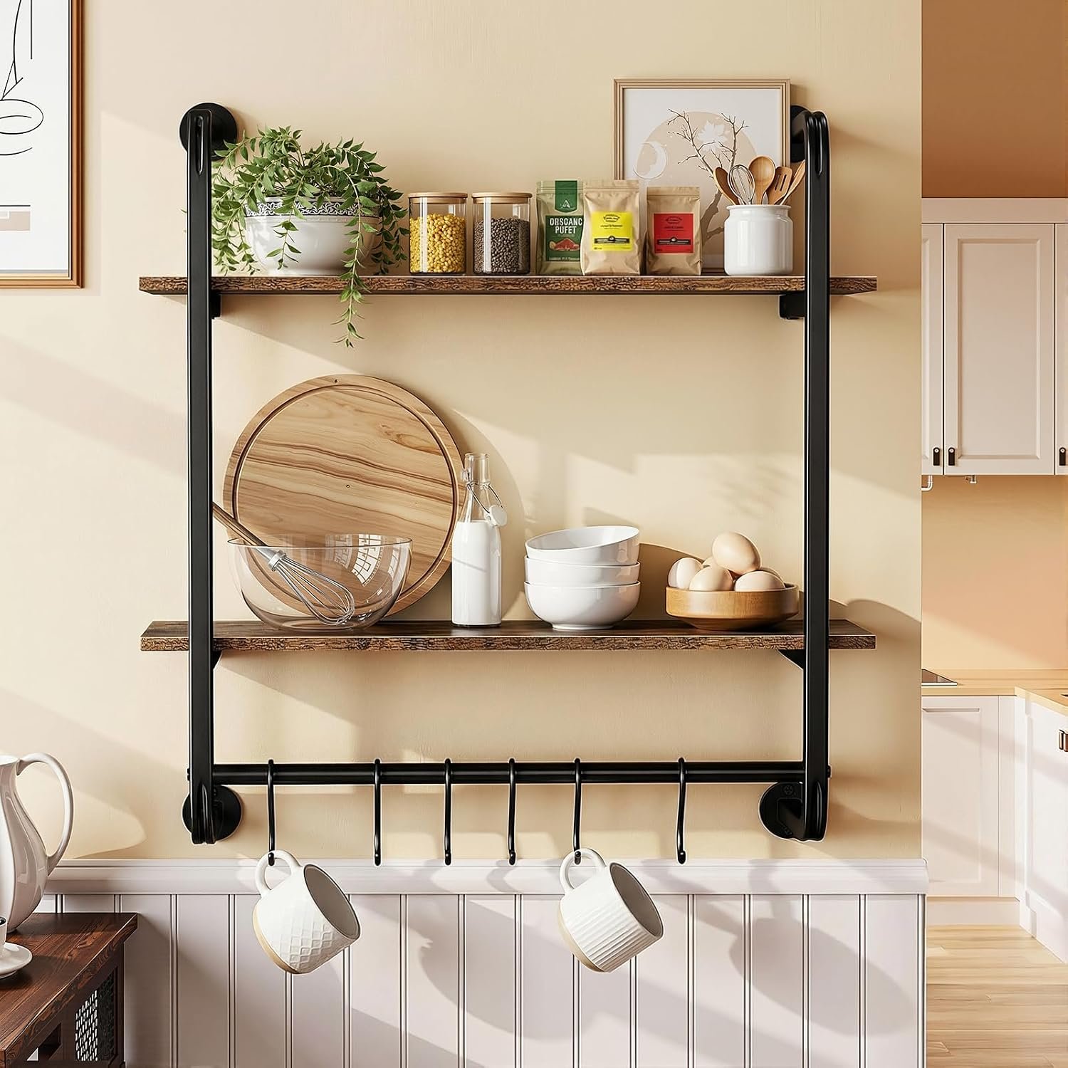 2 Tier Industrial Pipe Floating Shelf, 24″ Kitchen Wall Shelves with Towel Bar & 6 Hooks, Coffee Bar Shelves Display Bookshelf Wall Shelf for Kitchen, Bathroom, Home Décor, Rustic Brown