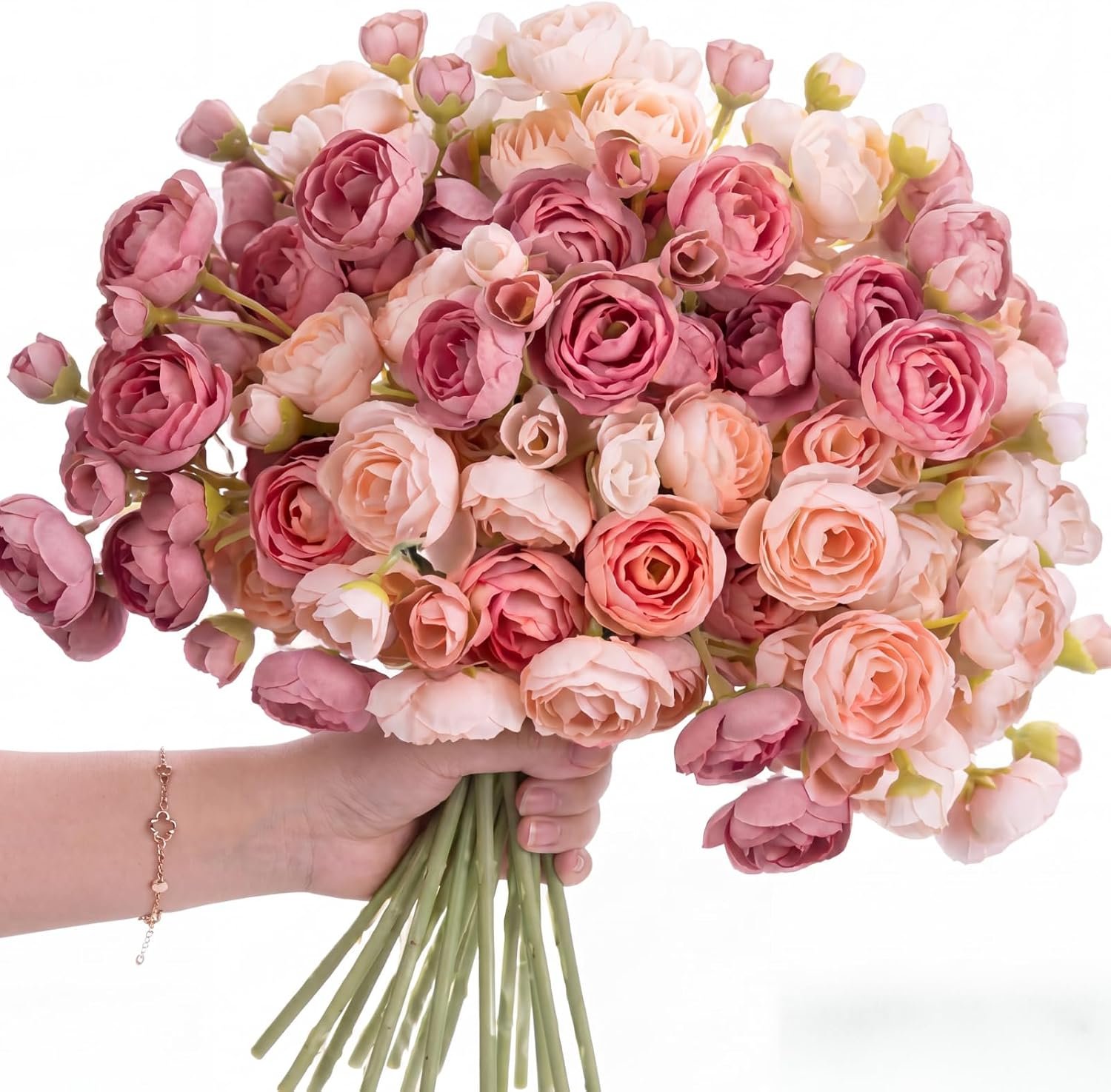Tigeen 36 Pcs Ranunculus Artificial Flowers Bulk 13 Inch Faux Silk Pink Mini Camellia Roses for DIY Wedding Bouquet Dusty Rose Fake Peony Filler Flower for Centerpiece Arrangements Bridal Shower Decor
