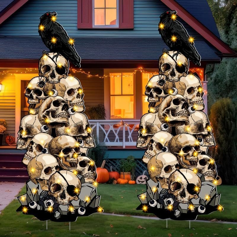 39″ Halloween Decorations Outdoor Yard Signs with Stakes, 2Pcs Large 3-Tiered Lighted Skeleton Crows Battery Powered Yard Sign for Scary Halloween Decor Yard Lawn Garden Sign