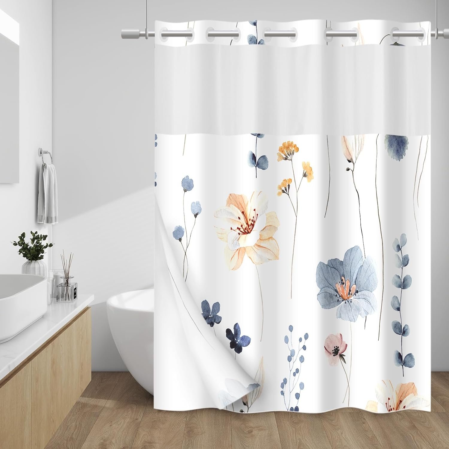 WITHLOC No Hook Shower Curtain with Snap in Liner, Removable Liner Water Repellent, Easy Install & Machine Washable, Hotel Style Bathroom Watercolor Floral Curtain, Blue Beige, 71″ W x 74″ L