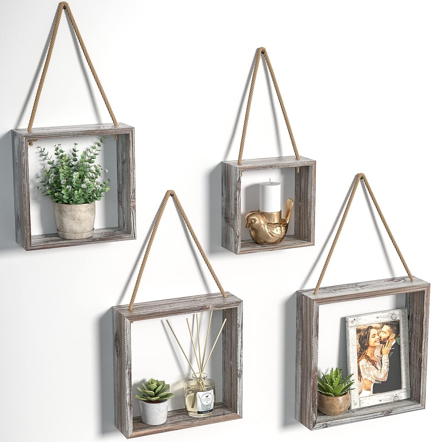 J JACKCUBE DESIGN Wall Decor Floating Hanging Square Shelves Wall Mounted Rustic Wood Cube Display Shelf Shadow Boxes Decorative Boho Home Décor for Living Room, Bedroom, Office, Set of 4 – MK571A