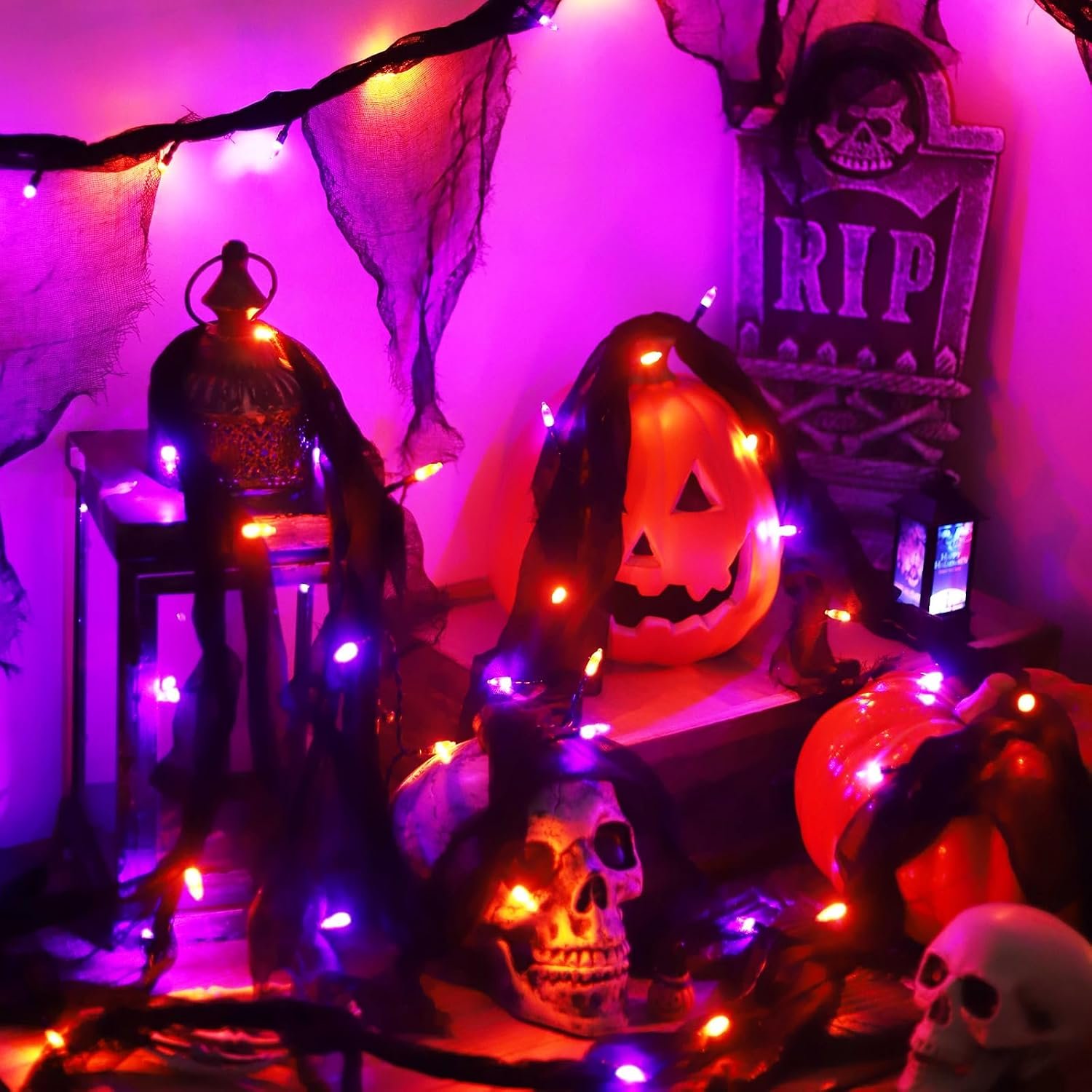 Battery Powered Halloween String Lights, Orange and Purple Indoor 30LED with Black Gauze Timer, 8 Mode Battery Operated 9.9Ft Creepy Cloth Spooky Decorations, Gothic Party Room Decor (1PACK)