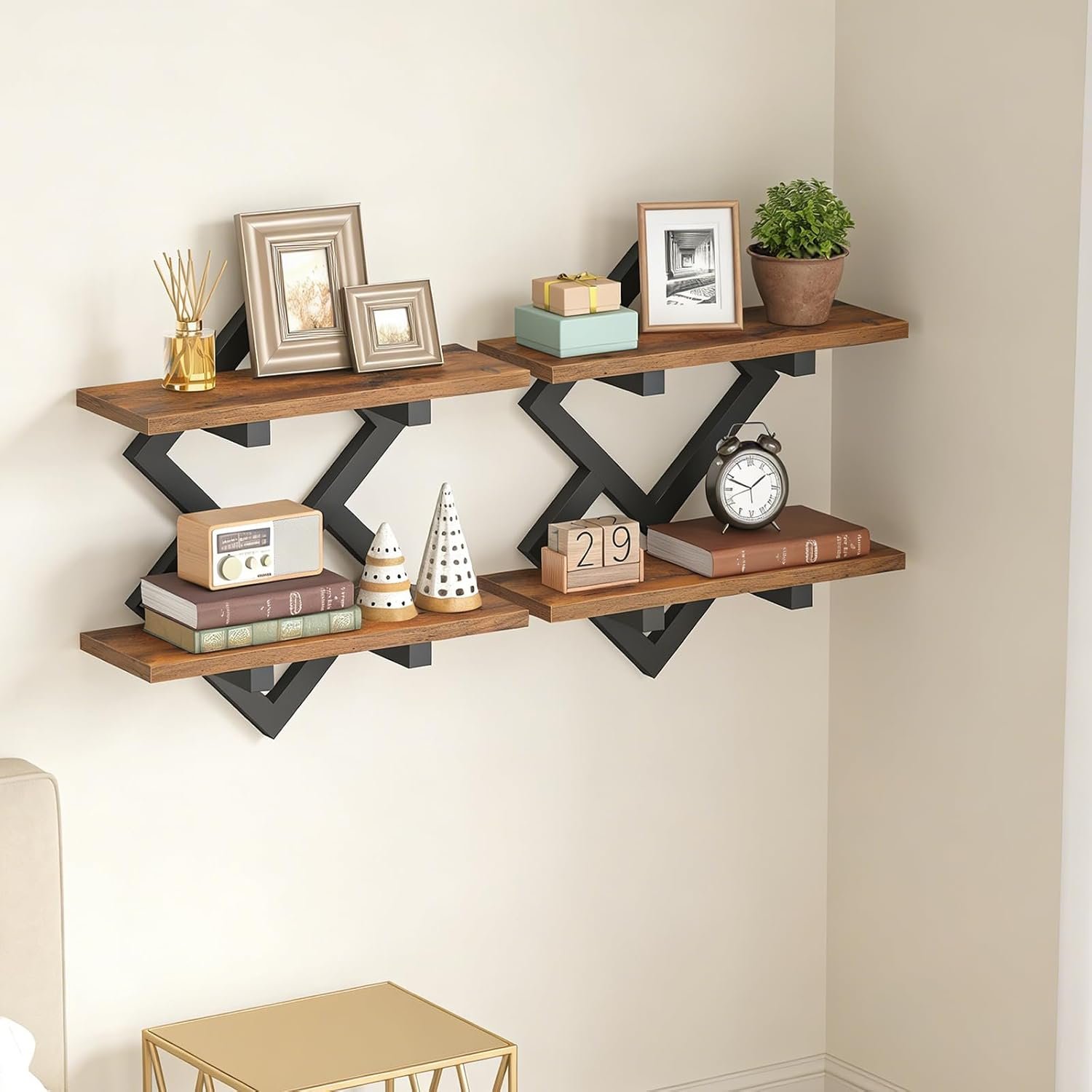 HOOBRO 15″ Floating Shelves for Wall, Set of 2 Wall shelf, 2-Tier Hanging Shelves, Wall Mounted Storage Shelf, Display Rack, for Living Room Bedroom Kitchen Bathroom, Rustic Brown and Black BF14BJP201