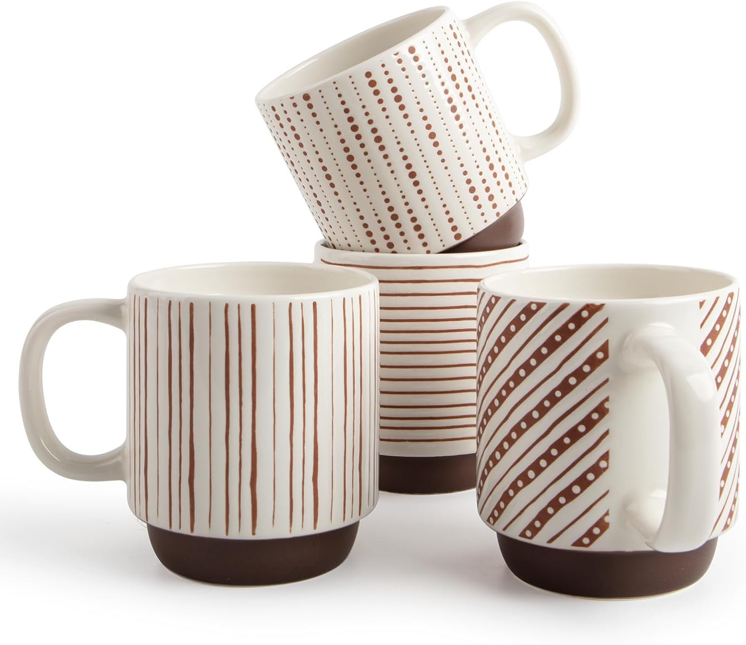 DOWAN Stackable Coffee Mugs, 12 oz Ceramic Coffee Mug Set of 4, Coffee Cups with Chocolate-Colored Geometric Patterns for Latte, Cappuccino, Cocoa, Dishwasher & Microwave Safe, Off White