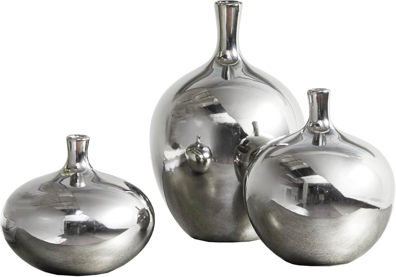Madison Park Signature Ansen Ceramic Handmade Vase Set Home Décor – Metallic Accent Living Room Decoration Ideal for Shelf, Side Table, Mantle Ornaments, Multi Size, Silver 3 Piece