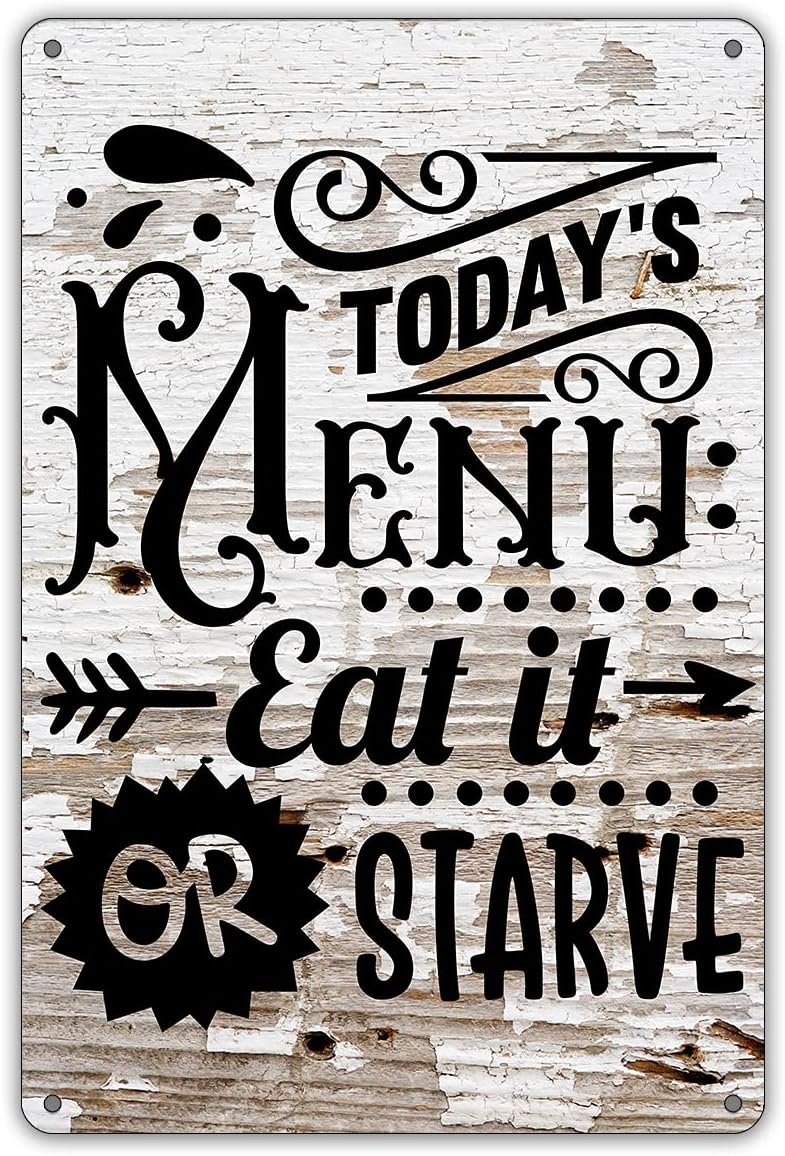 QIONGQI Funny Kitchen Quote Metal Tin Sign Wall Decor Farmhouse Rustic Today’s Menu Eat It Or Starve Sign for Home Kitchen Decor Gifts