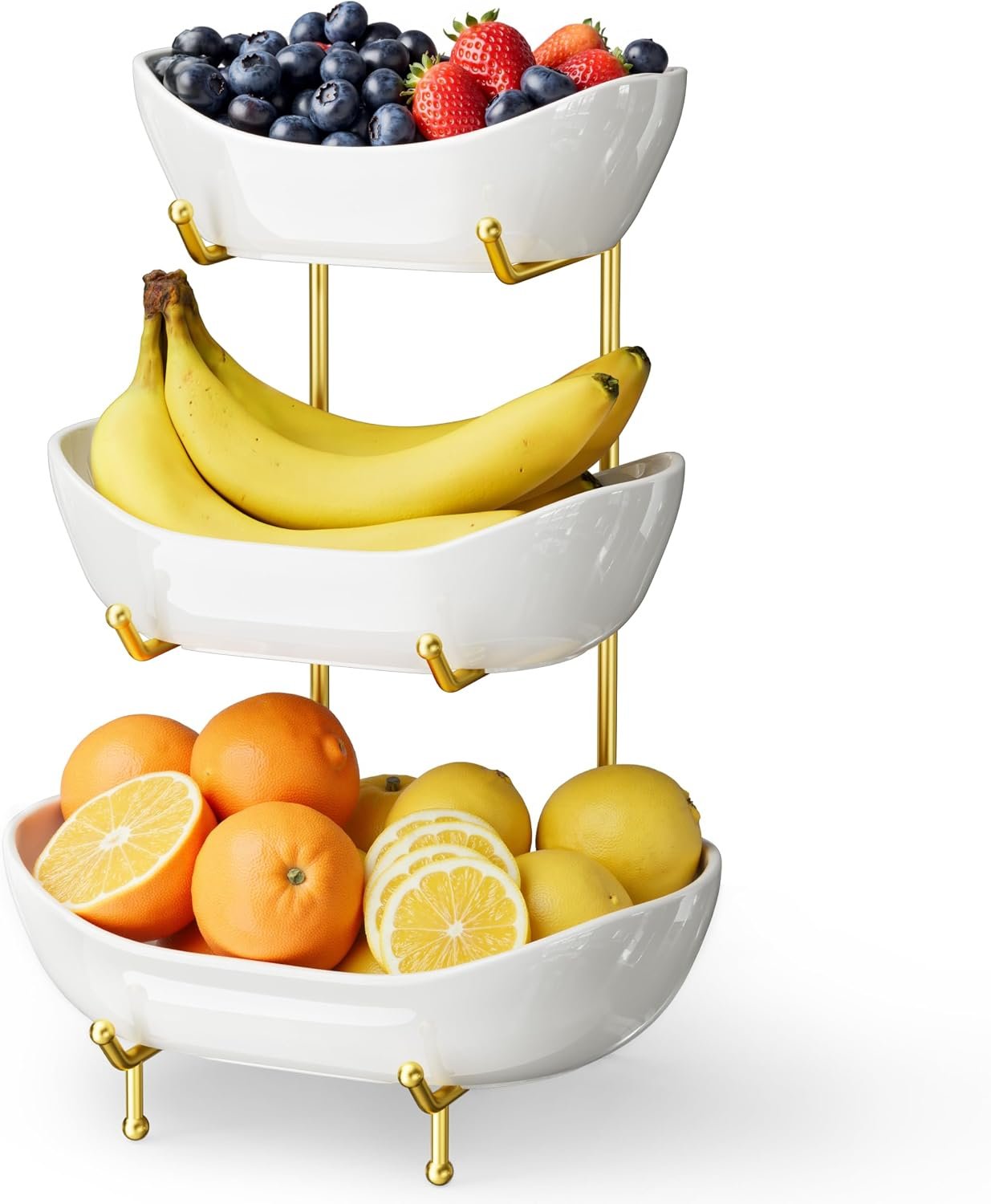 3 Tier Ceramic Fruit Bowl for Kitchen Counter – Fruit Basket with Gold Metal Stand , Fruit Holder for Snacks, Nuts, Cakes, Desserts, Bread, Candy Storage