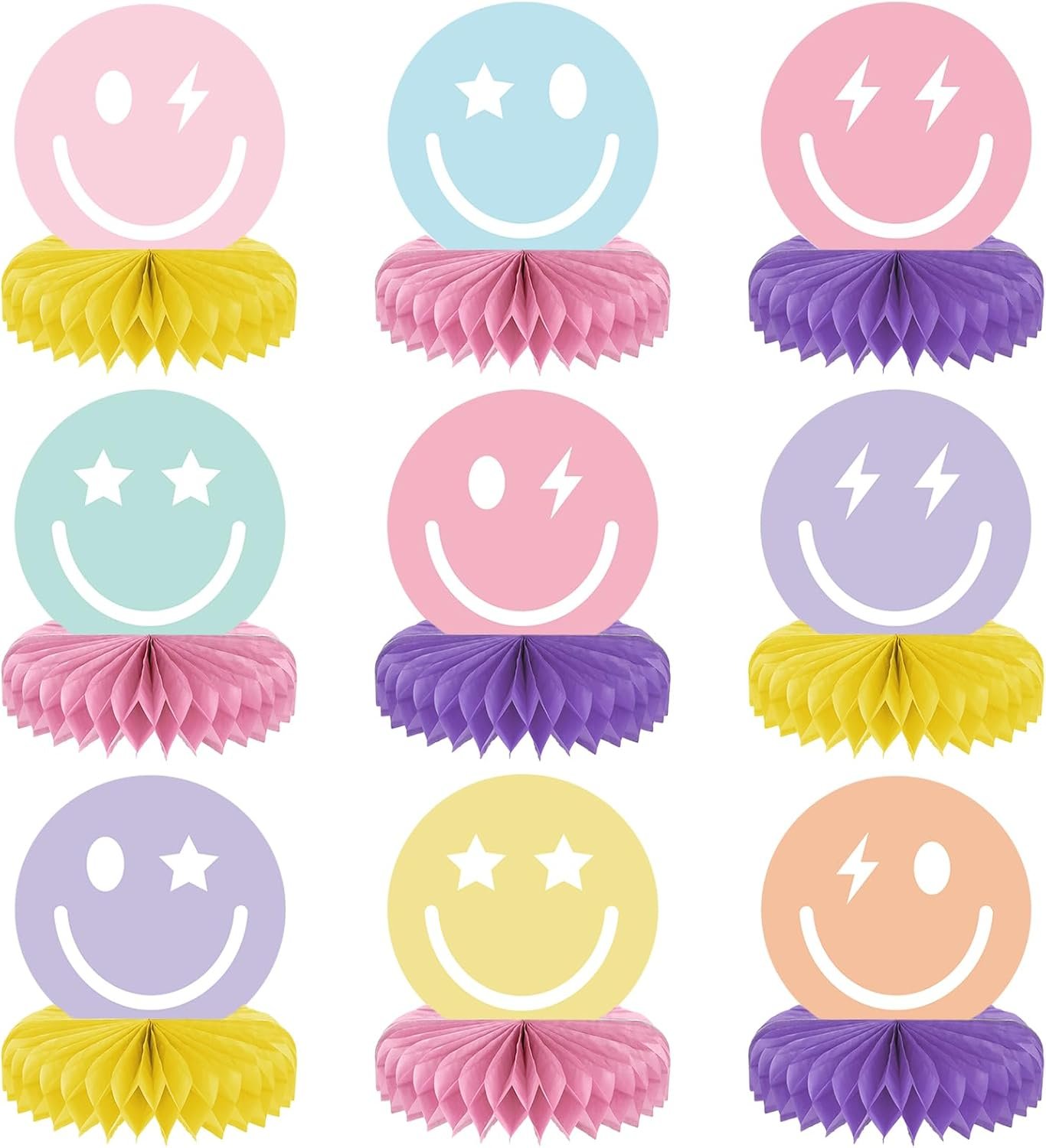 9PCS Smile Face Honeycomb Centerpieces Preppy Smile Face Table Decorations Happy Pastel Birthday Party Supplies for Colorful Rainbow Birthday Themed Bachelorette Decor Favor