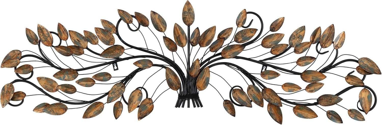 Deco 79 Metal Leaf Home Wall Decor Long Scrolled Wall Sculpture with Weathered Patina Accents, Wall Art 47″ x 1″ x 14″, Brown