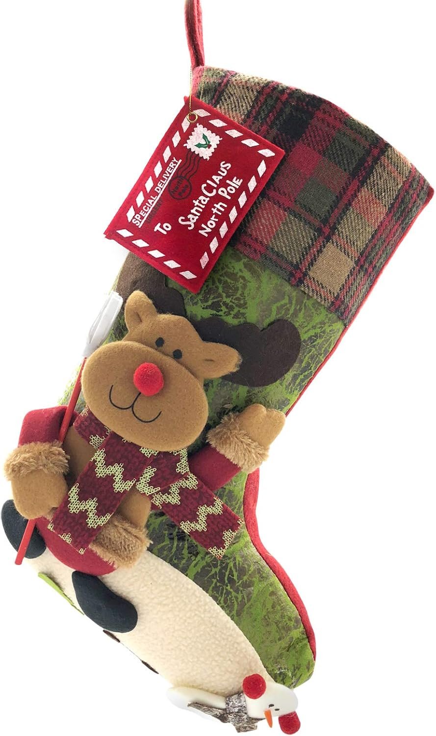 21 inch Plaid Christmas Stockings Deer, Bear, Animal One Piece, Felt Large Plush 3D Reindeer Snowman Design Hanging Stocking for Girls Boys Xmas Tree Mantel Party Decor (Green)