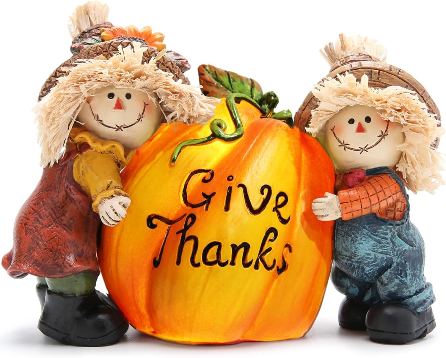 Hodao Fall Thanksgiving Resin Scarecrow Pumpkin Figurines – Adorable Scarecrow Embrace Pumpkin Decorations for Home Indoor Table Decor-Fall Thanksgiving Gifts