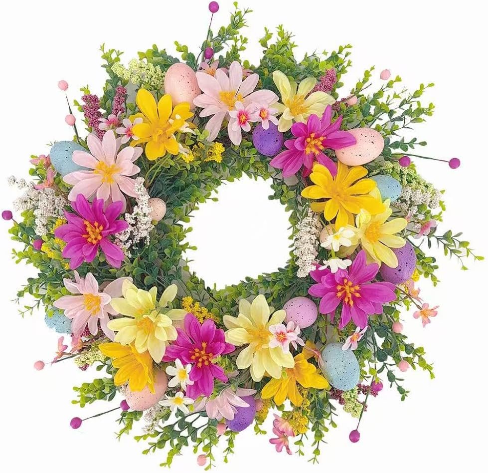 22 Inch Artificial Easter Wreath, Colorful Artificial Floral Easter Wreath with Easter Egg Decor&Easter Egg Wreath & Egg Decor Wreath,Farmhouse Indoor Outdoor Wall Window Decor