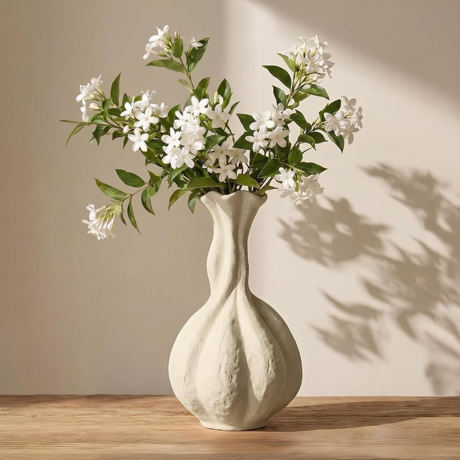 DOWAN Ceramic Flower Vase, 10″ Decorative Pampas Vase for Home Decor, Modern Farmhouse Pottery Vase for Living Room Table Kitchen Bedroom Coffee Desk Entryway Mantel Book Shelf, Soft White