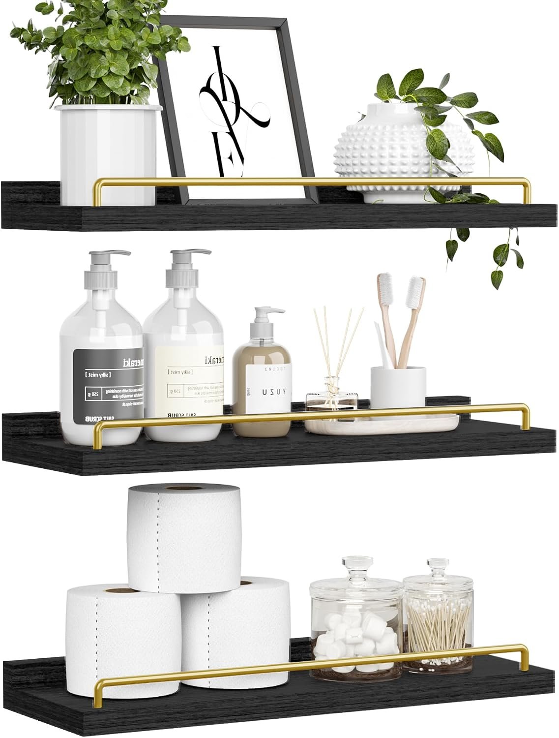 RYOFOBETTO Floating Shelves for Wall Decor, Black and Gold Shelves for Bathroom, Living Room, Bedroom, Picture Frames, Plants, Kitchen (Set of 3)