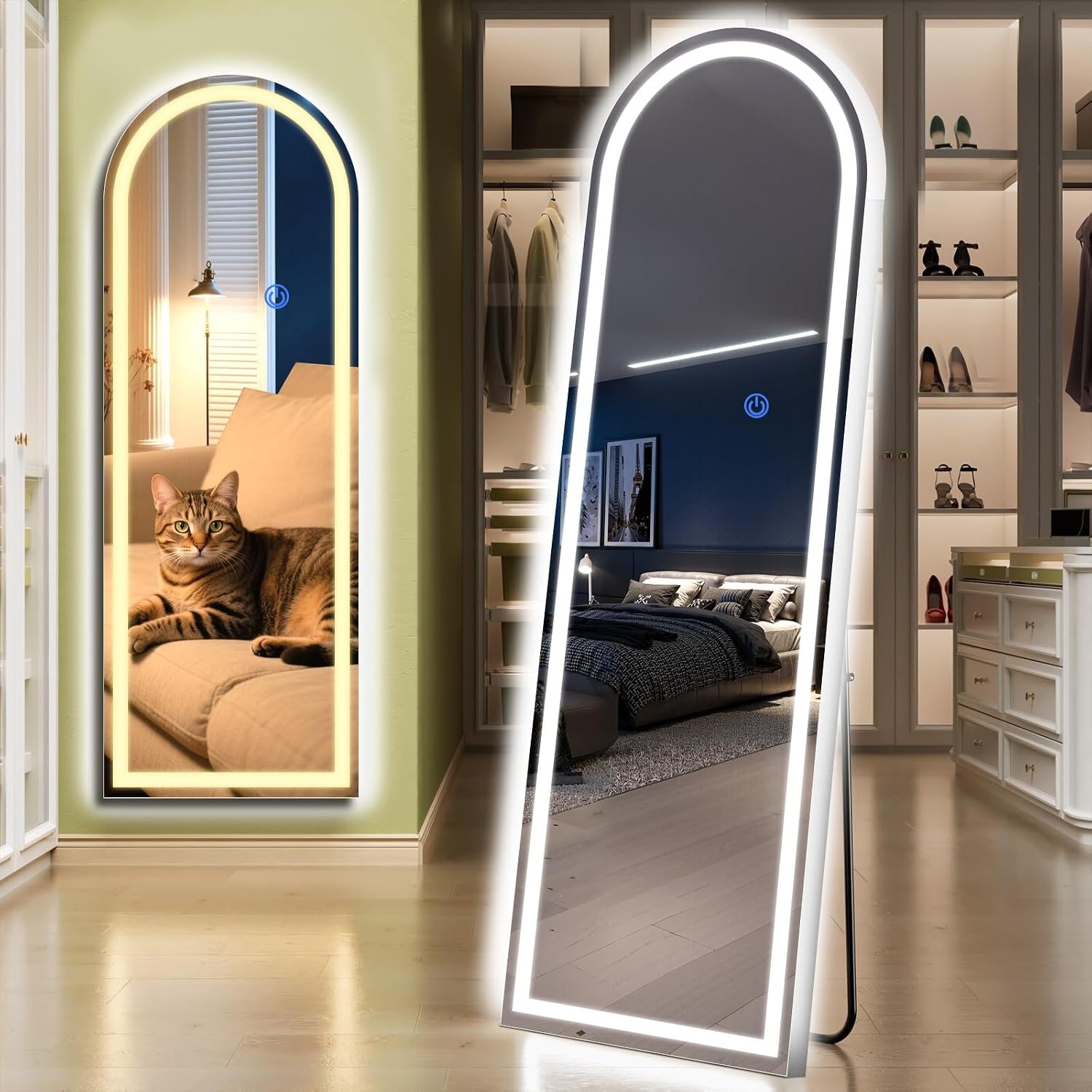 Arch Full Length Standing Mirror with LED Lights, 56″x20″ Lighted Mirror with Dimming & 3 Color Lighting, Tall Mirror Full Body for Bedroom, Dressing Room