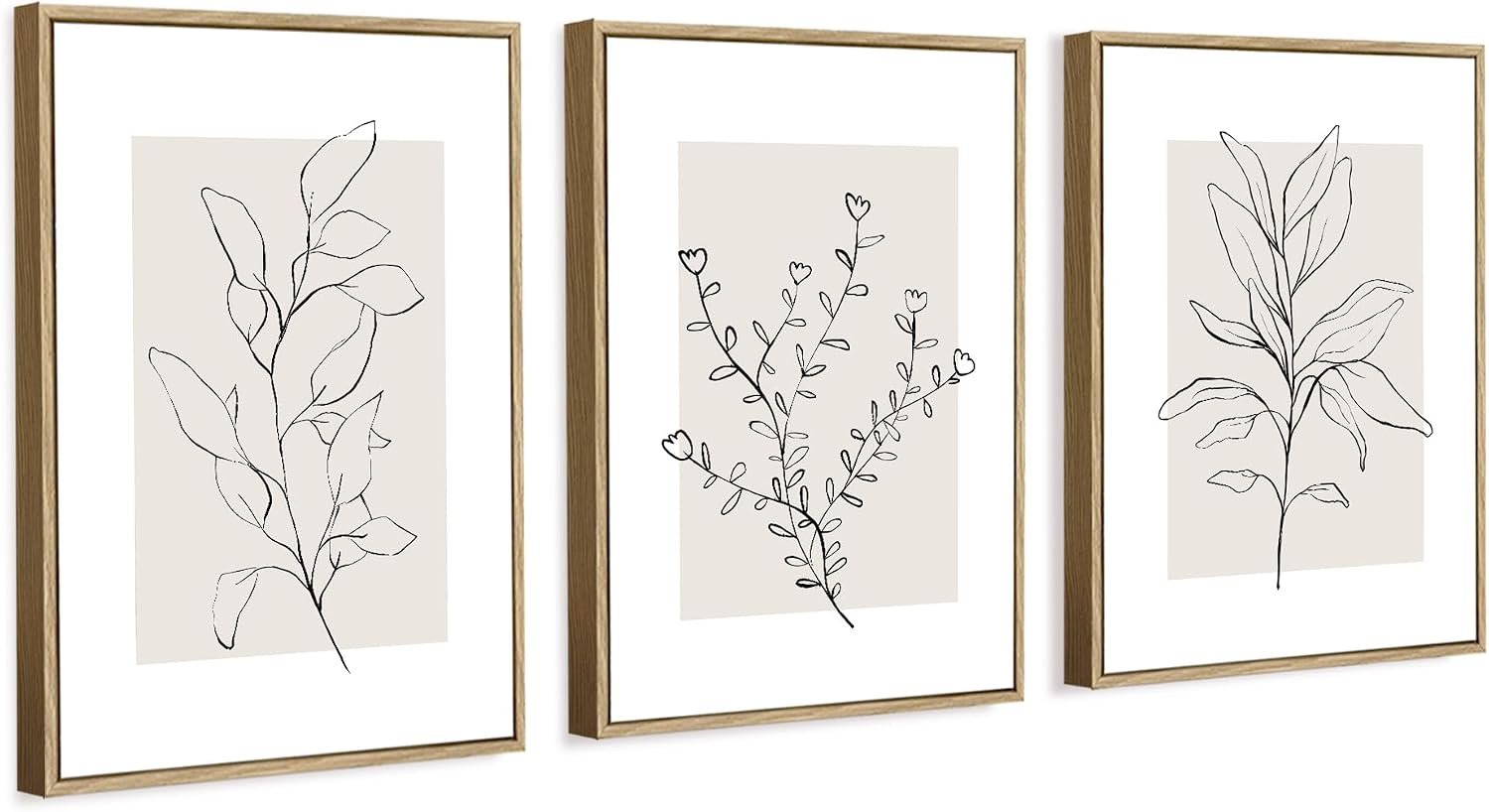 WRFON Framed Botanical Wall Art Set of 3, 12×16 Minimalist Line Art Canvas Prints with Light Natural Wood L-Frame, Neutral Gallery Wall Decor for Hallway, Entryway, Apartment or Bedroom
