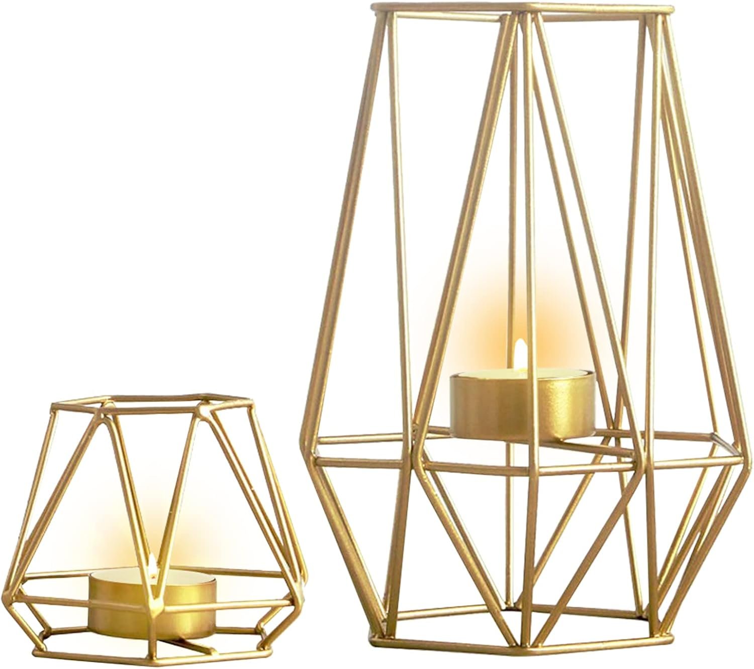 2 Pcs Metal Hexagon Shaped Geometric Design Tea Light Votive Candle Holders, Iron Hollow Tealight Candle Holders for Vintage Wedding Home Decoration, Gold (S + L) | 2 Graduated Sizes, Hollow Iron Frames, Geometric Design for Votives, for Vintage Weddings, Table Centerpieces, Home Decor