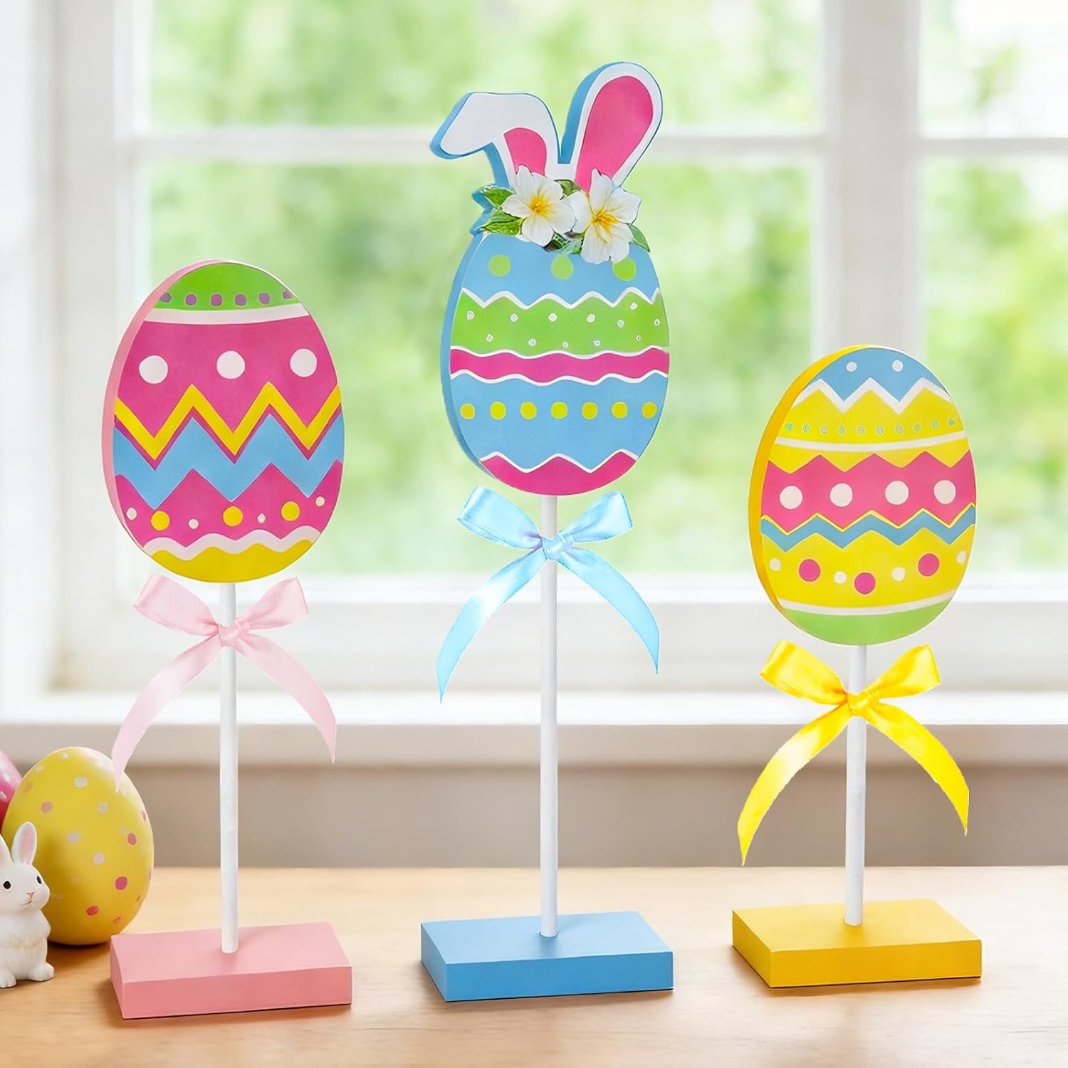 Easter Decorations for Home,3Pcs Egg Shaped Wooden Table Centerpiece Signs with Rabbit Ear，Colorful Easter Egg Tiered Tray Decor for Home Farmhouse Kitchen Decorations