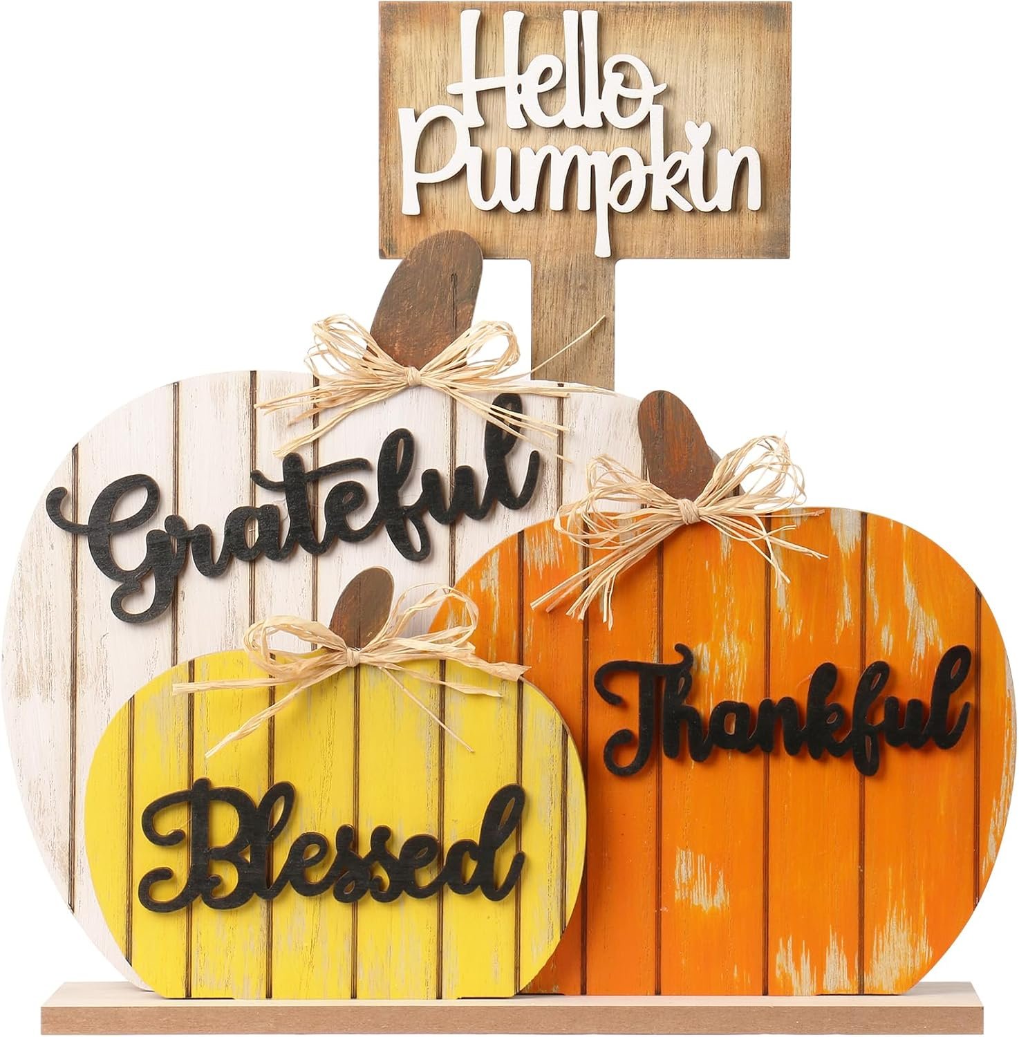 Fall Thanksgiving Pumpkin Decor for Autumn Home Farmhouse Decorations | Rustic Wooden Blessed Grateful Thankful Hello Pumpkin Tabletop Sign Decoration for Harvest Thanksgiving Indoor Holiday Party