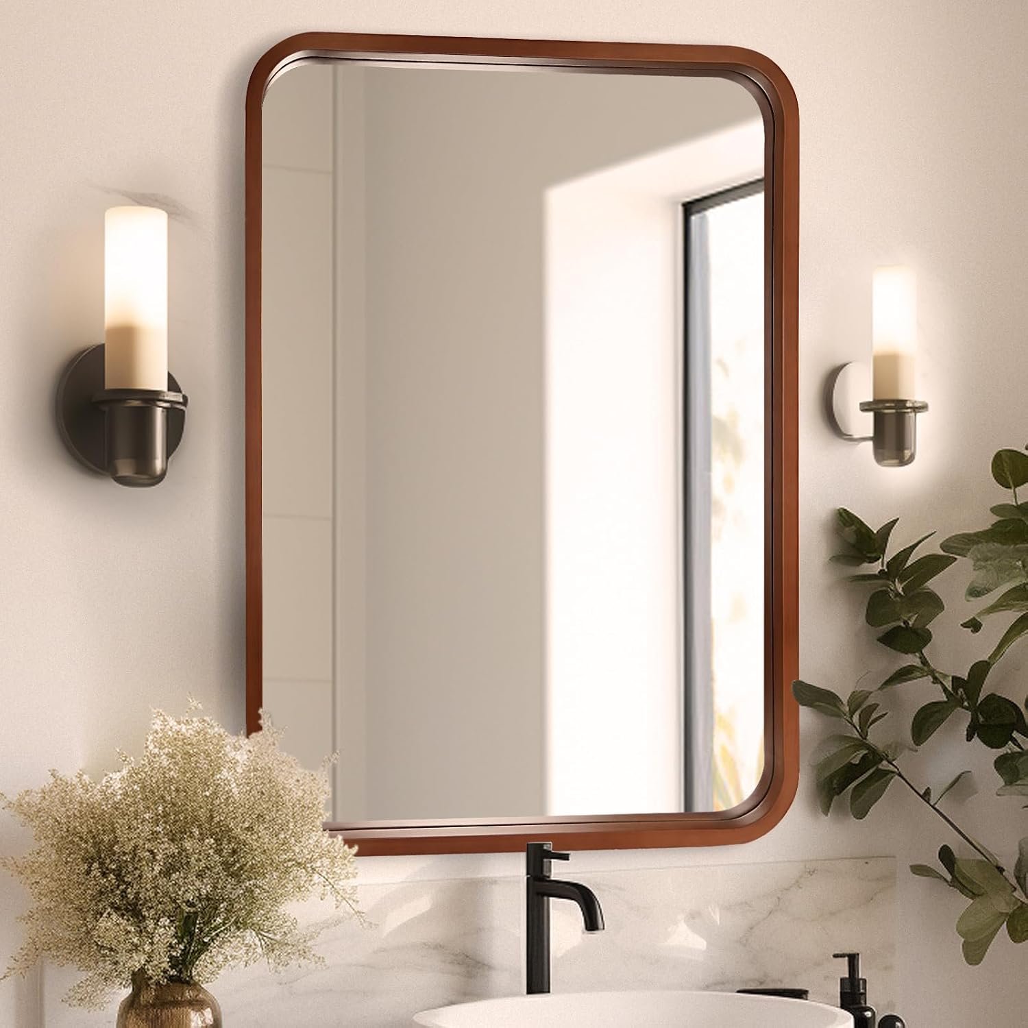 WallBeyond 24×36 Inch Wood Mirror for Bathroom, Wooden Frame Wall Mirror Farmhouse Wall Mounted Rectangle Mirror for Vanity (Horizontal/Vertical Walnut Color)
