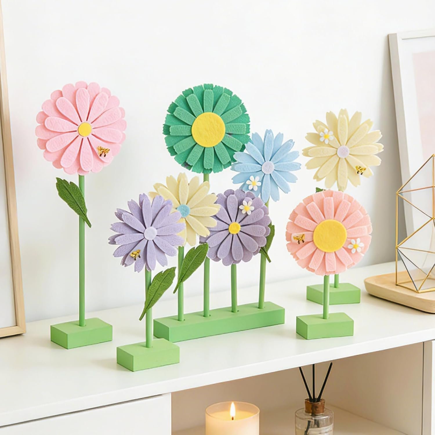 SUNBEAUTY 8PCS Daisy Party Decorations Felt Flowers Daisy Centerpieces for Tables Spring Flower Tables Decor Pastel Flower Table Decorations for Girl Birthday Baby Shower Spring Garden Home Decor
