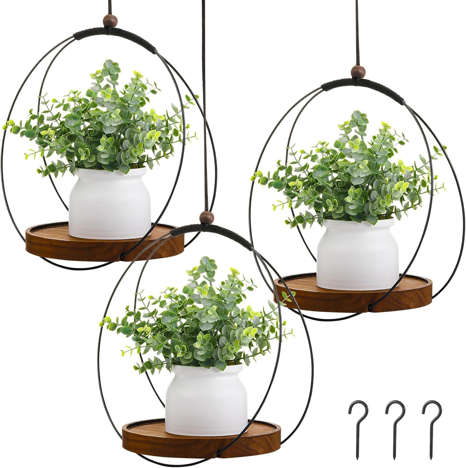 Threehoney 3 Pack Hanging Planters for Indoor Black Plant Hanger with Round Wood Base Large Indoor Hanging Plant Shelf Boho Holder Gift for Mom,housewarming (7.9 ”)
