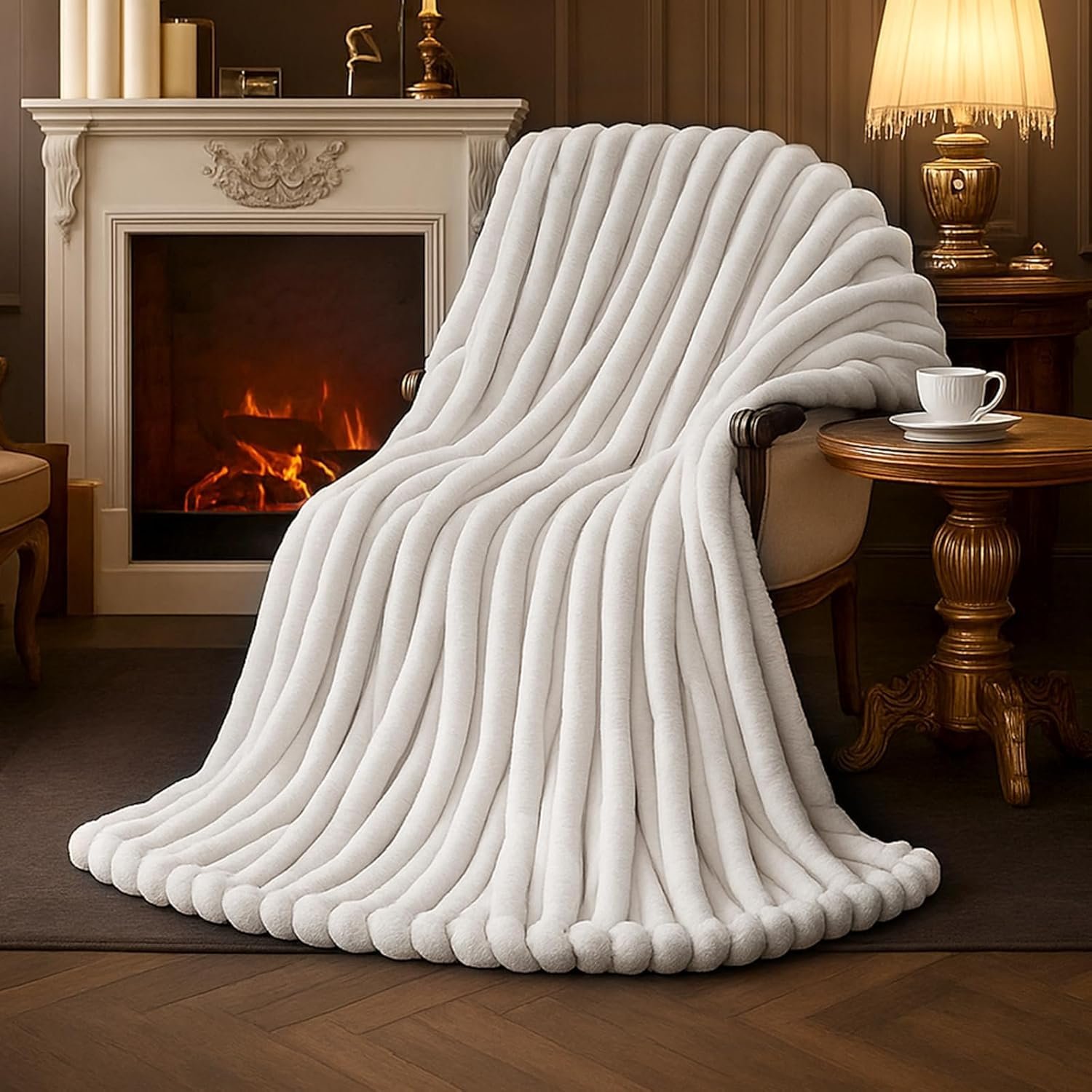 Amélie Home Faux Fur Throw Blanket for Couch, Cozy Fuzzy Fluffy Fur Luxurious Soft Striped Plush Gift Blankets for Family Sofa Chair Bedroom, 55″x70″, Ivory