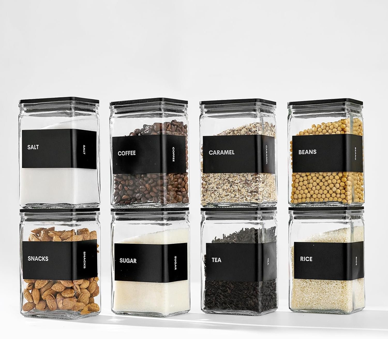 Glass Storage Jars with Bamboo Lids, 27oz Square Spice Jars for Kitchen Pantry Organization, Glass Seasoning Bottles Spice Containers with Labels for Cereal Flour Beans Tea