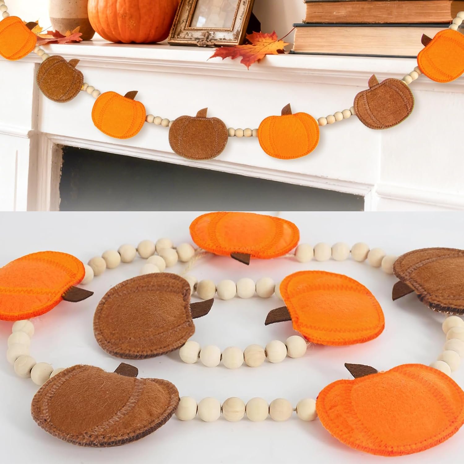 RAINFLOW Felt Pumpkin Garland – Autumn Wooden Bead Hanging Garland, Handmade Fall Decor Ornament for Thanksgiving Home Mantel Wall Table Party Decoration, Simple Assembly Needed