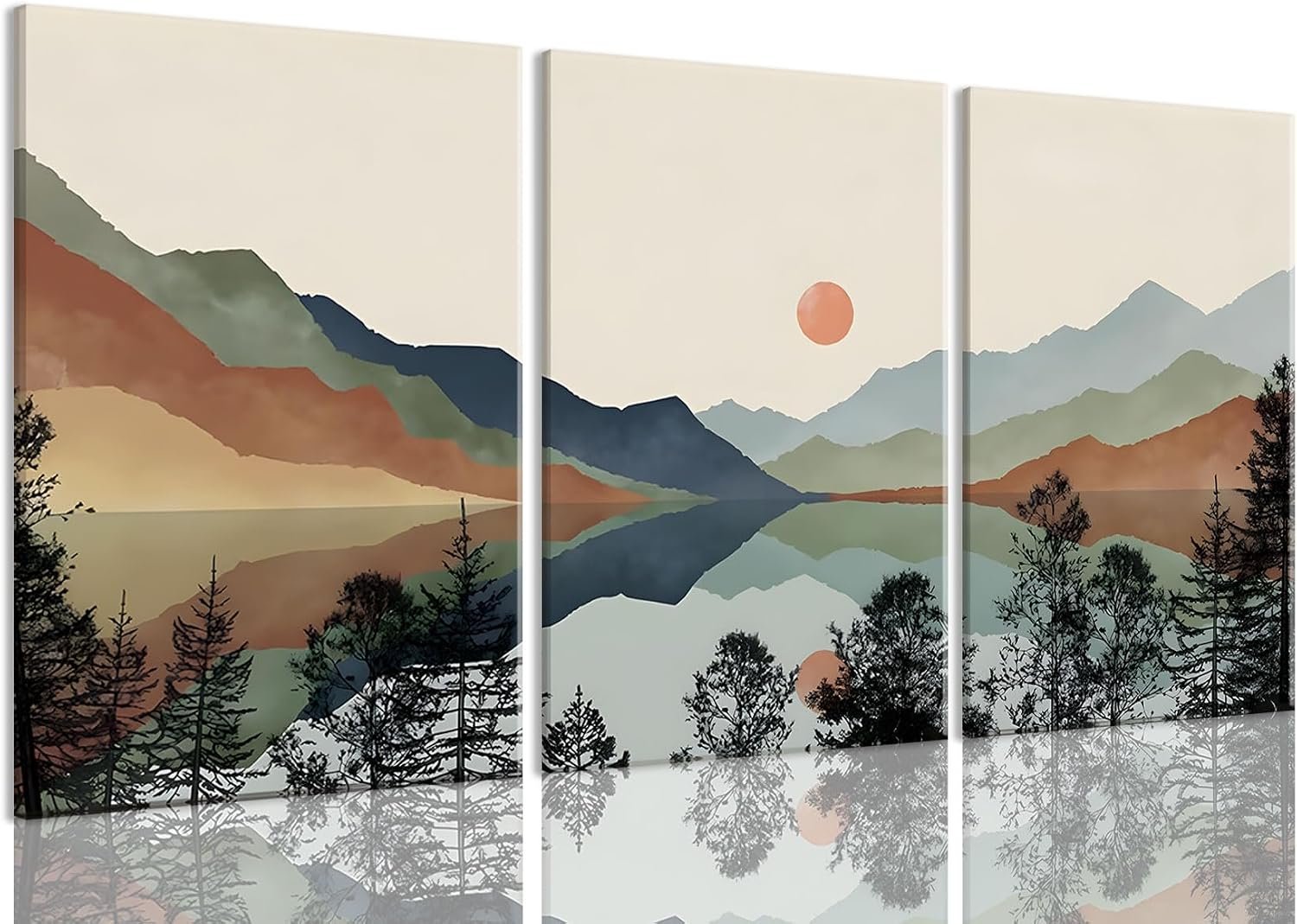 Bwodke Canvas Wall Art Framed Mountain Wall Art Set of 3 Boho Watercolor Nature Landscape Picture Decor Sun Forest Abstract Prints Artwork Painting for Living Room Bedroom Office 12″x16″