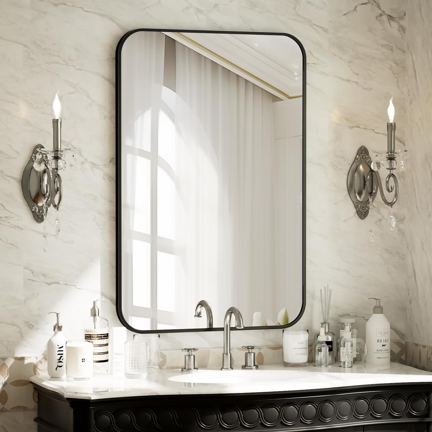 BEAUTYPEAK 24″ x 36″ Rectangular Aluminum Alloy Frame Wall Mounted Bathroom Mirror with Rounded Corners, Black