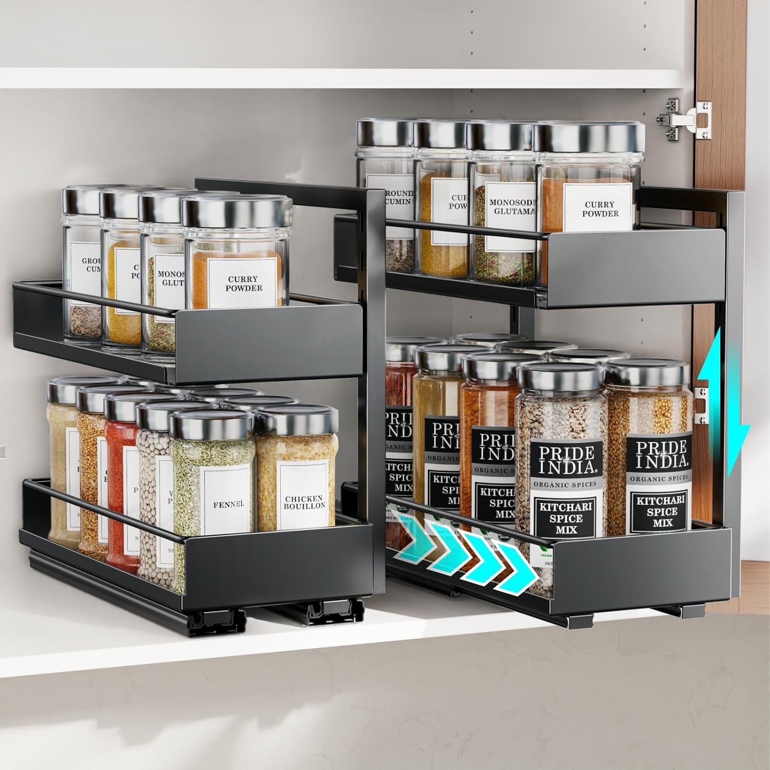 iSPECLE Pull Out Spice Rack – No Drill Cabinet Organizer, 2 Pack Black | Peel and Stick Install, Adjustable Height for 4-8 Oz Jars, No-Drill Cabinet Access, Pantry Storage and Daily Cooking Use