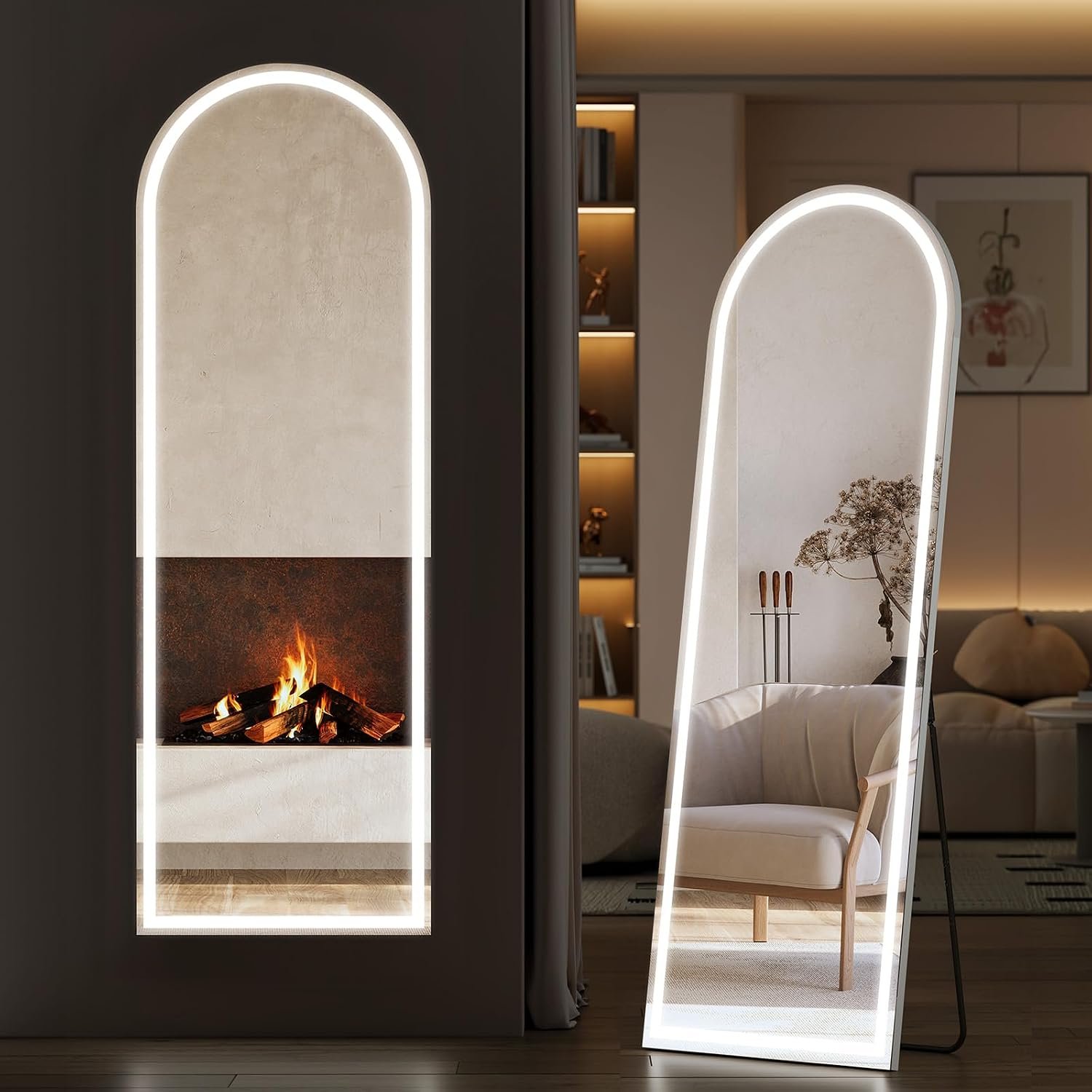 Sweetcrispy Arched Full Length Mirror with LED Lights, 61″x17″ Lighted Full Body Floor Mirror with Dimming & 3 Color Lighting, Stand for Bedroom, Dressing Room