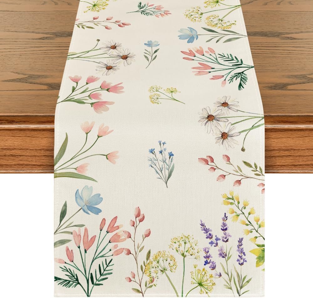 Artoid Mode Flowers Floral Summer Table Runner, Seasonal Spring Fall Kitchen Dining Table Decoration for Home Party 13×72 Inch