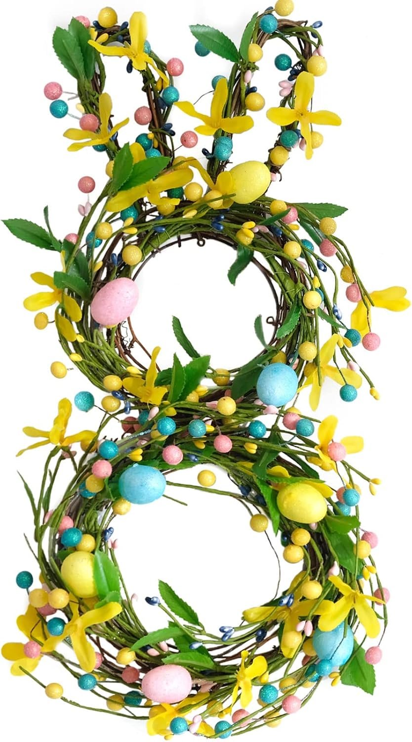18 Inch Easter Wreaths Bunny Colorful Eggs Wreath for Front Door, Spring Eggs and Berries Twig Wreaths for Home Decor, Easter Wreath for Inside and Outside