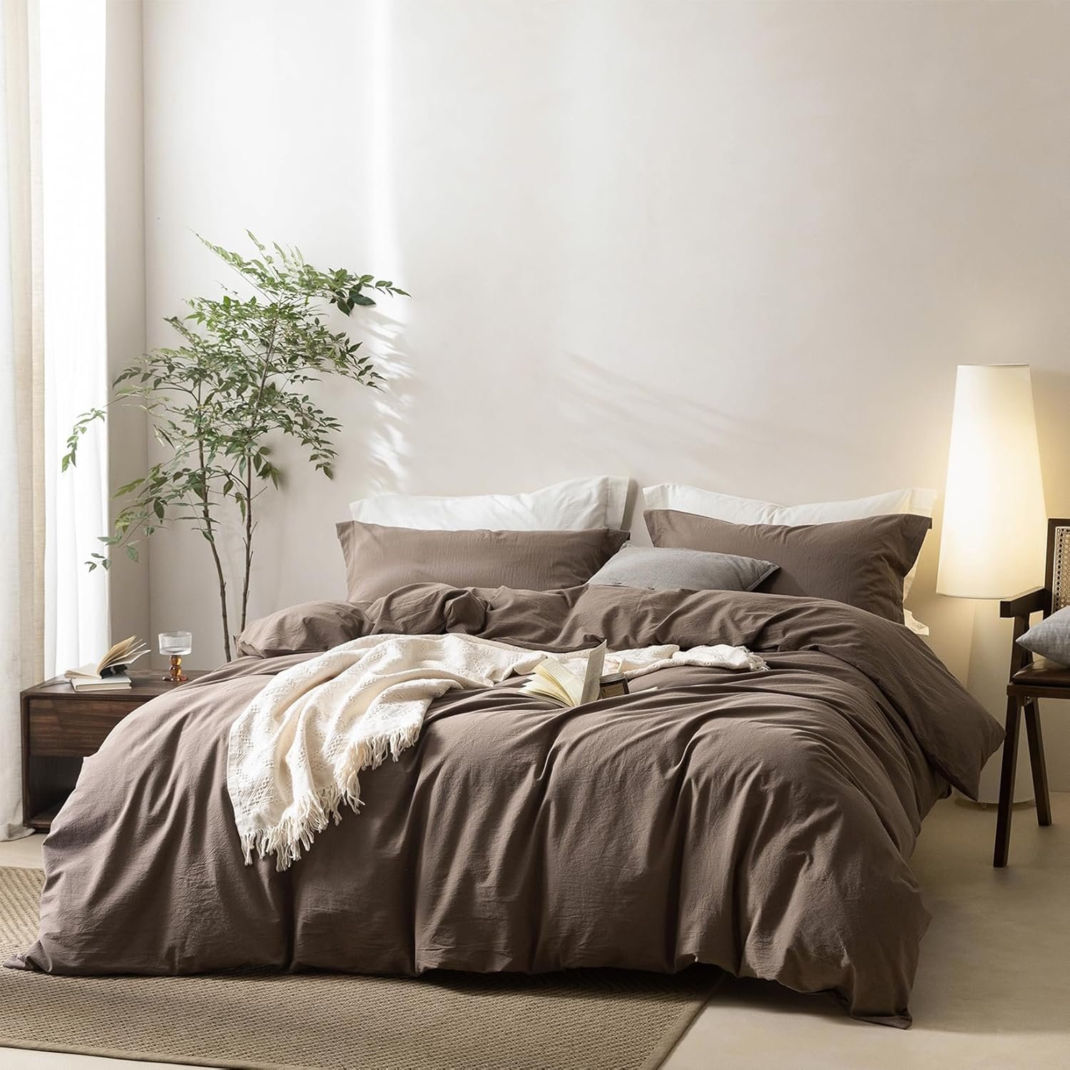 BDEAR 3 Pieces Light Chocolate Brown Duvet Cover Set Queen Size 90” L x 90” W, 100% Washed Cotton Duvet Cover with Zipper Closure Plus 2 Pillowcases, Oeko TEX Standard Certificated
