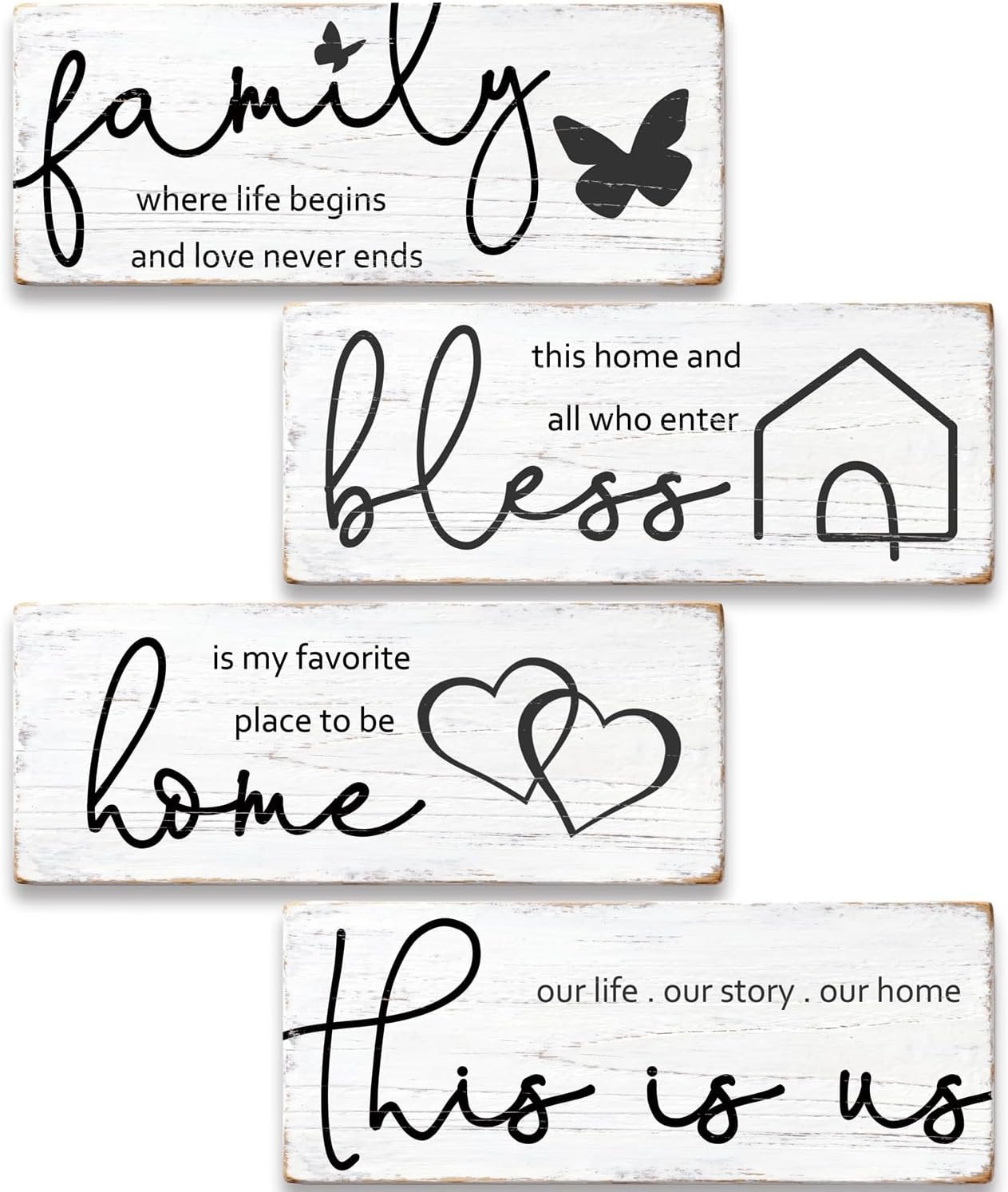 4 Pieces Rustic Wooden Signs Set with Inspirational Quotes, Farmhouse Room & Wall Decor for Home, “Bless” “Family Where Life Begins” Wooden Plaques for Kitchen Living Room