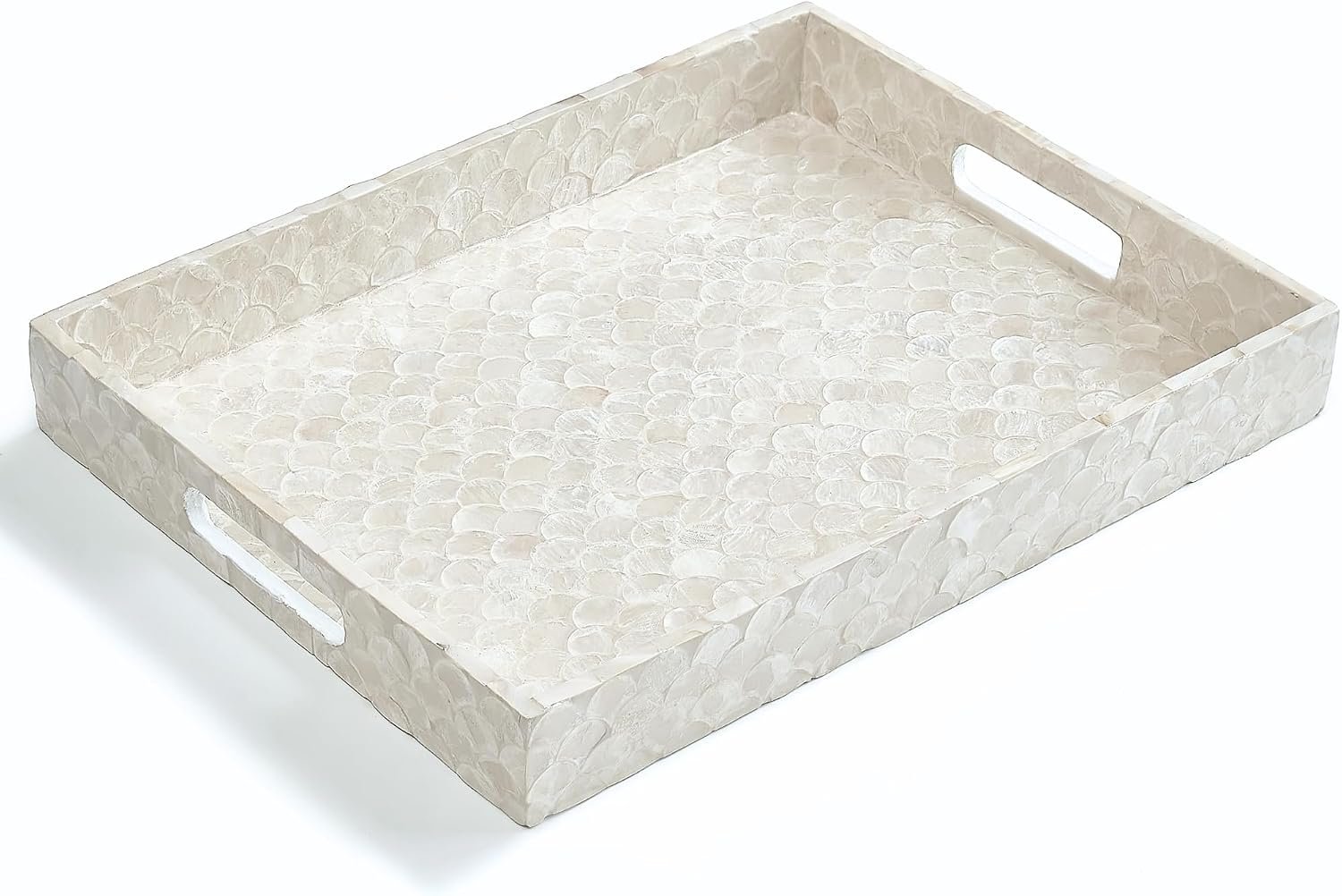 CHI AN HOME Capiz Decorative Tray 15.8” x 11.8” x 1.8″ Rectangular Tray, Natural Handmade Serving Tray with Handles for Coffee Tables, Ottoman, Vanity, Kitchen, Coastal Boho Home Decor, White