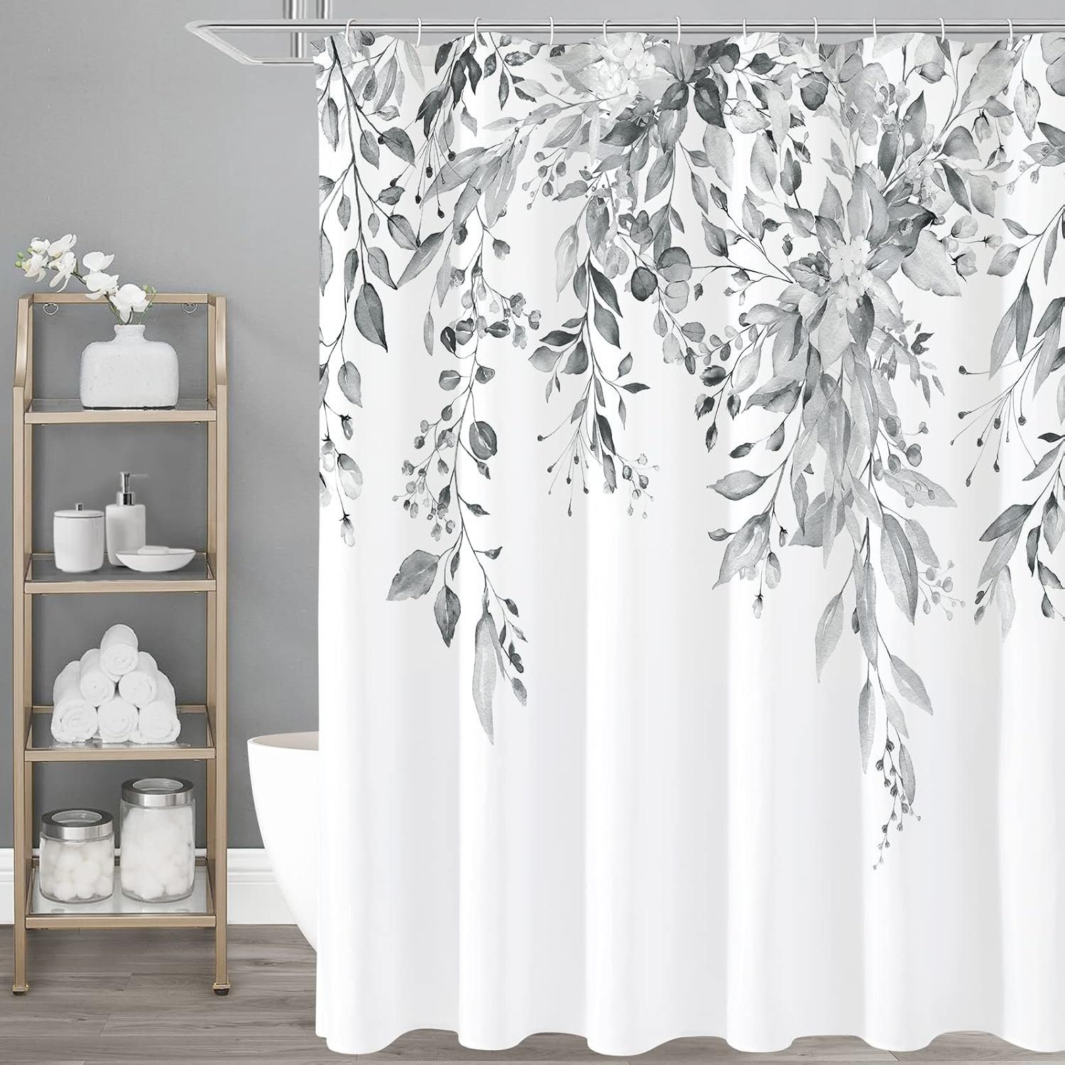 Gibelle Grey Eucalyptus Shower Curtain, Watercolor Plant Leaves with Floral Bathroom Shower Curtain Set, Gray White, 72×72
