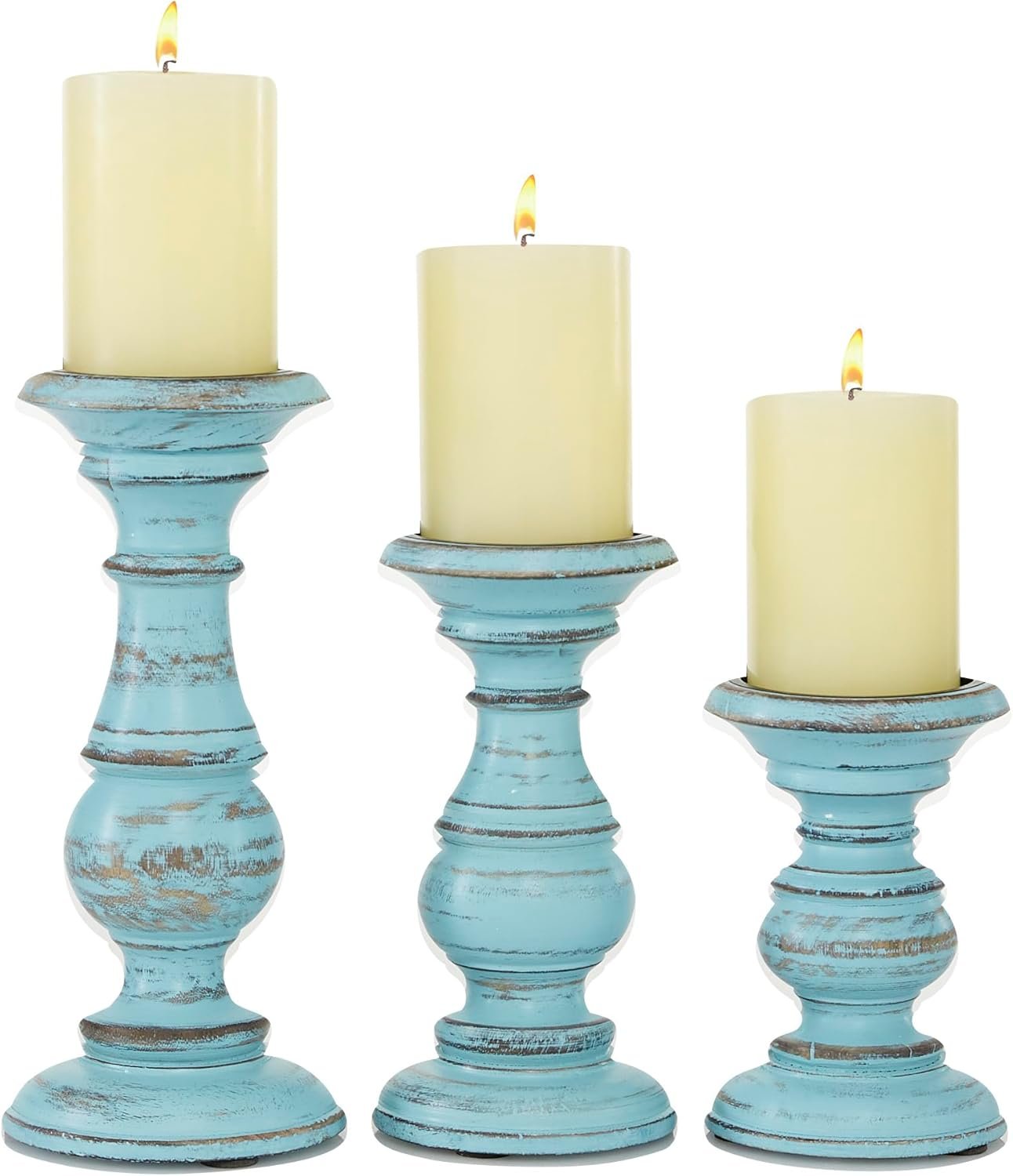 Deco 79 Mango Wood Decorative Candle Holder Distressed Turned Pillar Candle Stand, Set of 3 Candlestick Holder 6″, 8″, 10″H, Light Blue