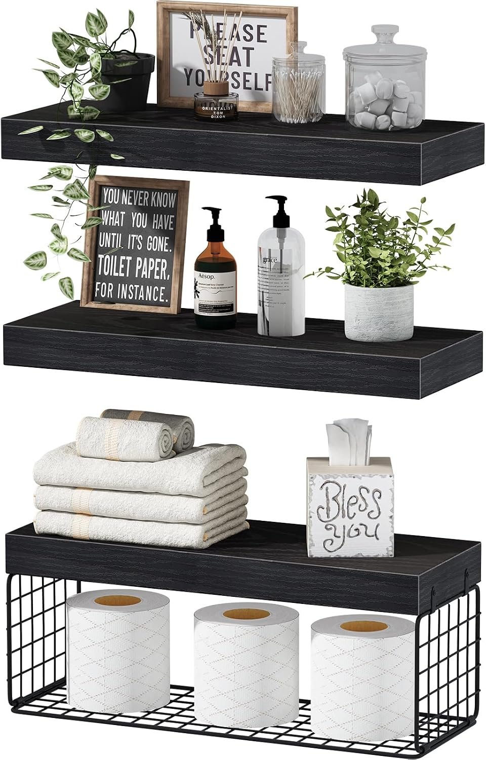QEEIG Bathroom Shelves Over Toilet – Wall Mounted Floating Shelves Toilet Paper Storage Small Farmhouse Decor Shelf 16 inch Set of 3, Black (019-B3)