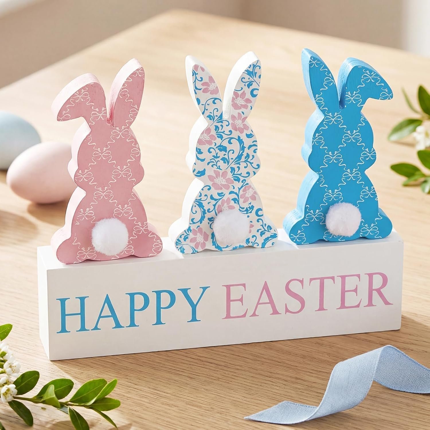 Easter Decorations for The Home, 4PCs Happy Easter Wooden Bunny Table Signs with Furry Tails, Cute Bunny Shaped Spring Holiday Home Decorations, Rustic Table Decor Tiered Tray Décor for Party Gifts
