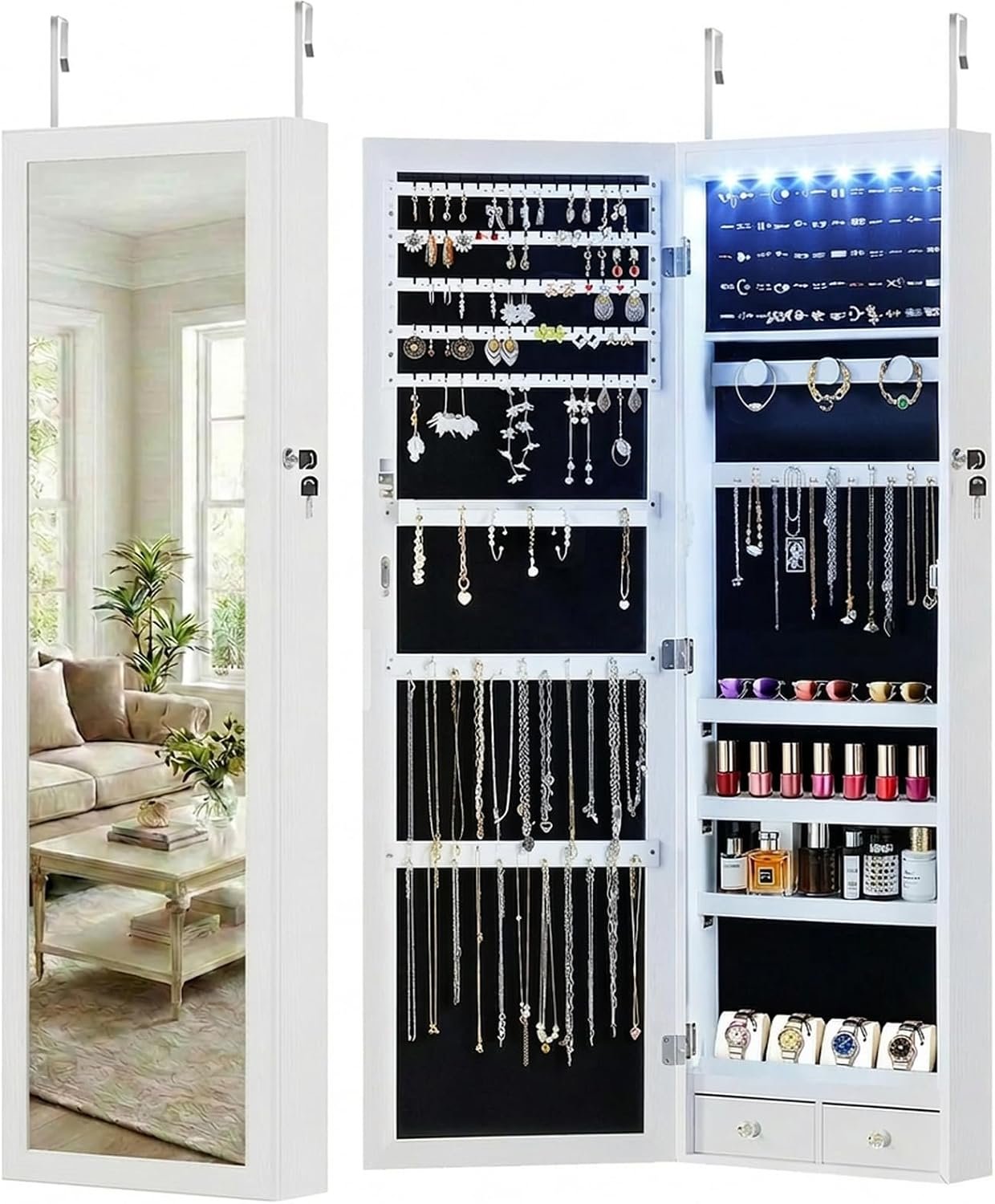 DUMOS 6 LEDs Mirror Jewelry Cabinet, Wall or Door Mounted Jewelry Organizer, 47.2-Inch Tall Lockable Large Capacity Cosmetic Storage, Gift Idea, White