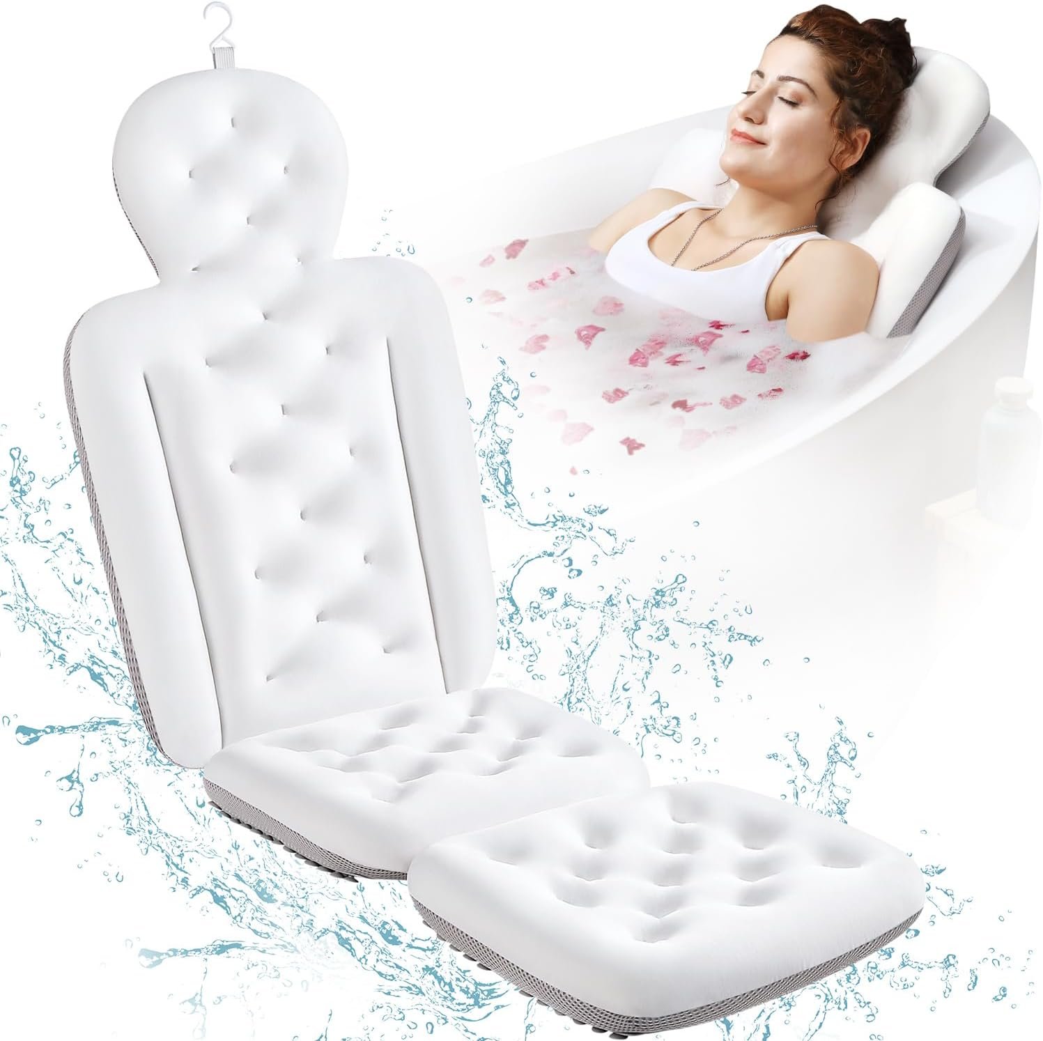 Full Body Bath Pillow for Bathtub, Thick Bathtub Cushion, Luxury Tub Pillow for Bath for Headrest Neck and Back Support White 51″ x 16″