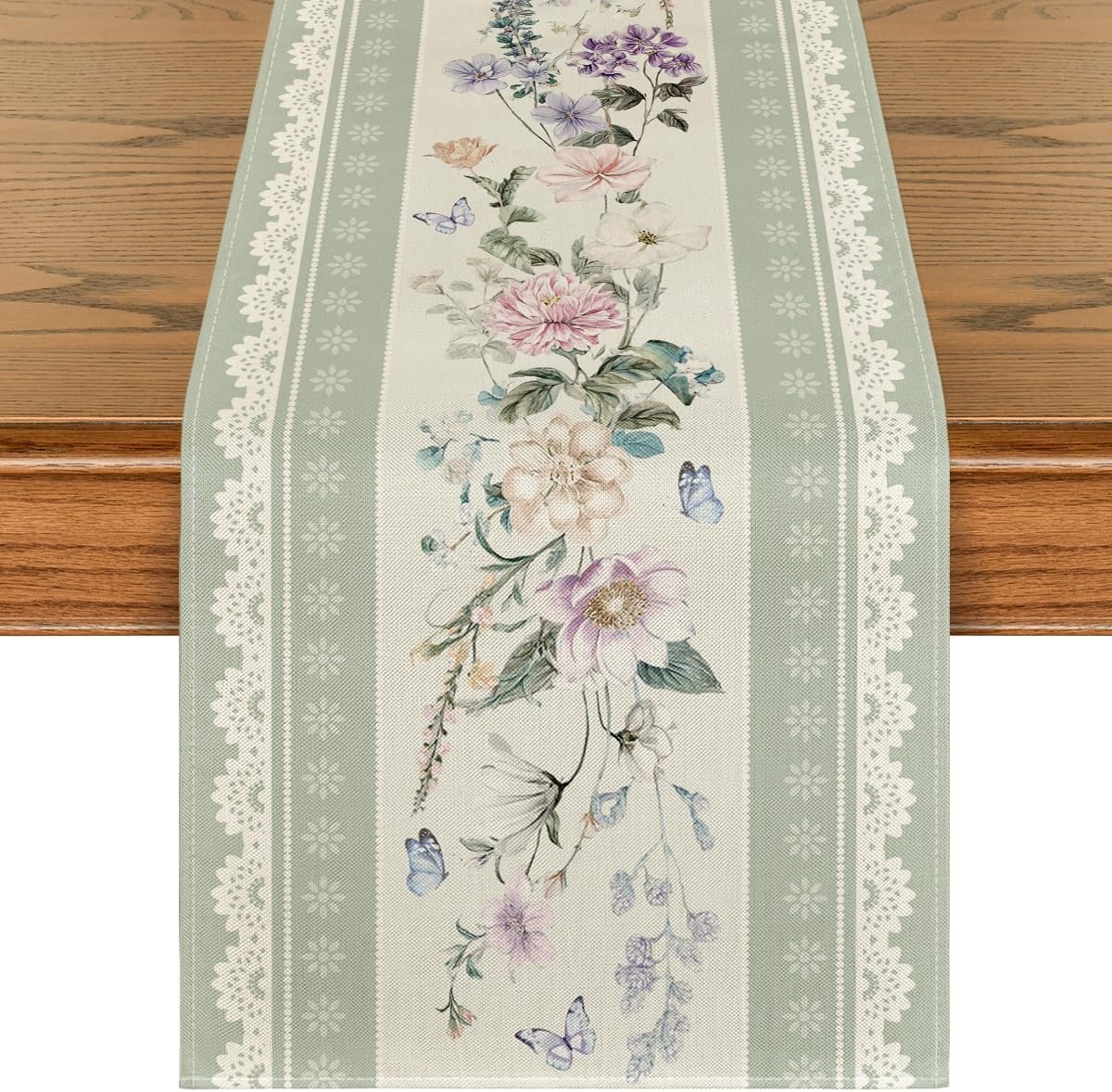 Artoid Mode Green Printed Lace Floral 210 GSM Spring Table Runner, Seasonal Summer Kitchen Dining Table Decoration for Home Party Decor 13×72 Inch