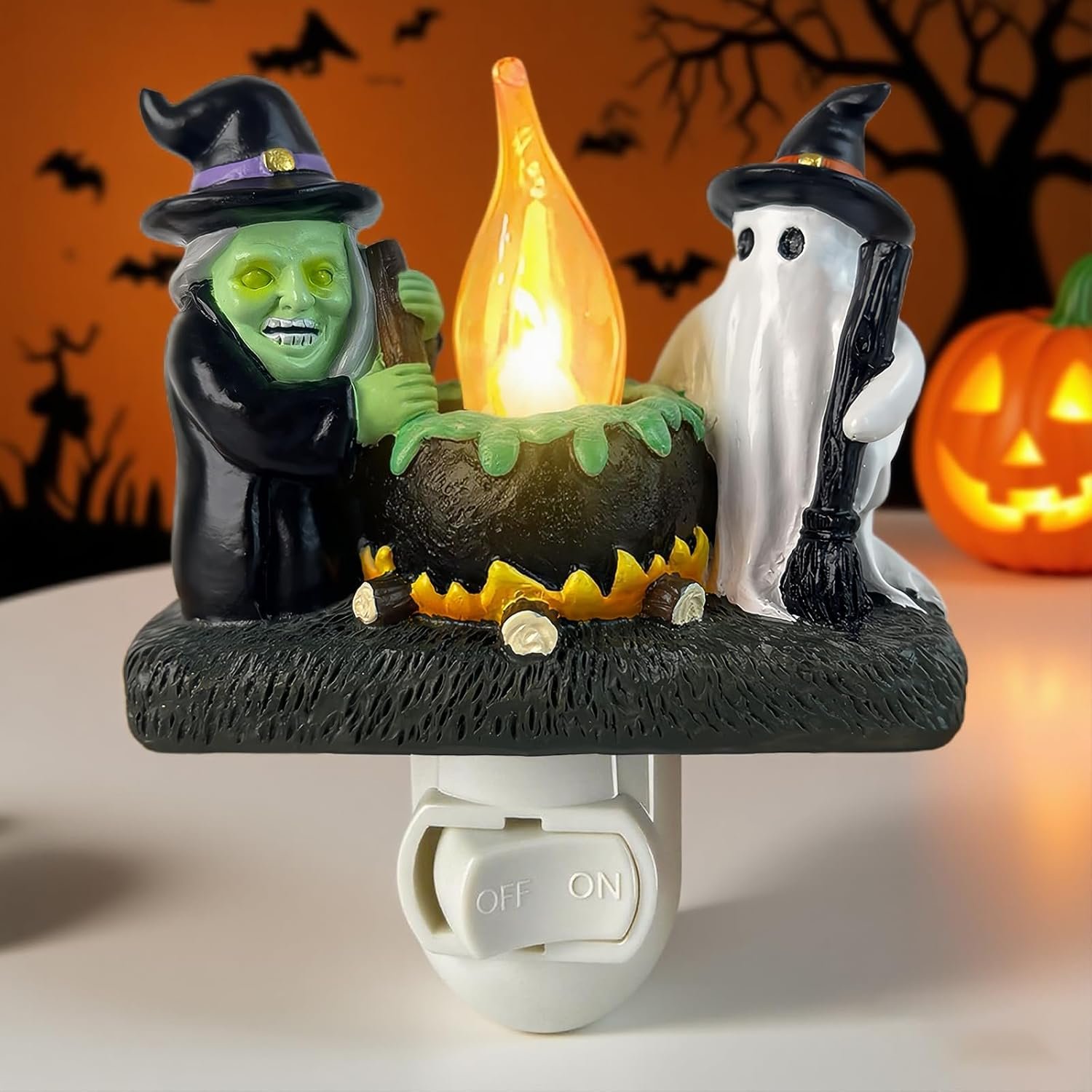 Ghost Campfire Nightlight,Ghost Witch Campfire Flickering Nightlight, Halloween Decoration Indoor Vintage,Halloweon Night Lights Plug in to Wall Halloween Decor Bedroom Home Decor