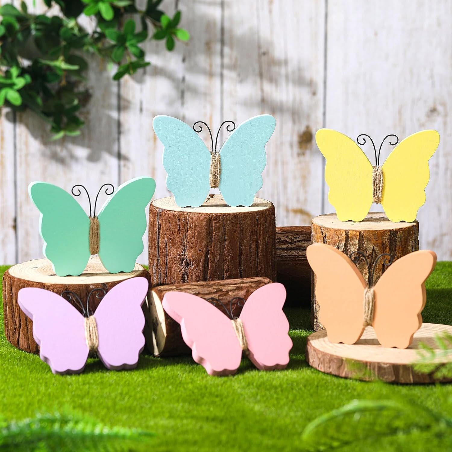 Jetec 6 Pcs Spring Table Decorations for Home Pastel Wooden Butterfly Decor Set Cute Butterfly Figurines with Metal Antenna, Perfect for Easter Spring Party Home Shelf Mantel Decoration