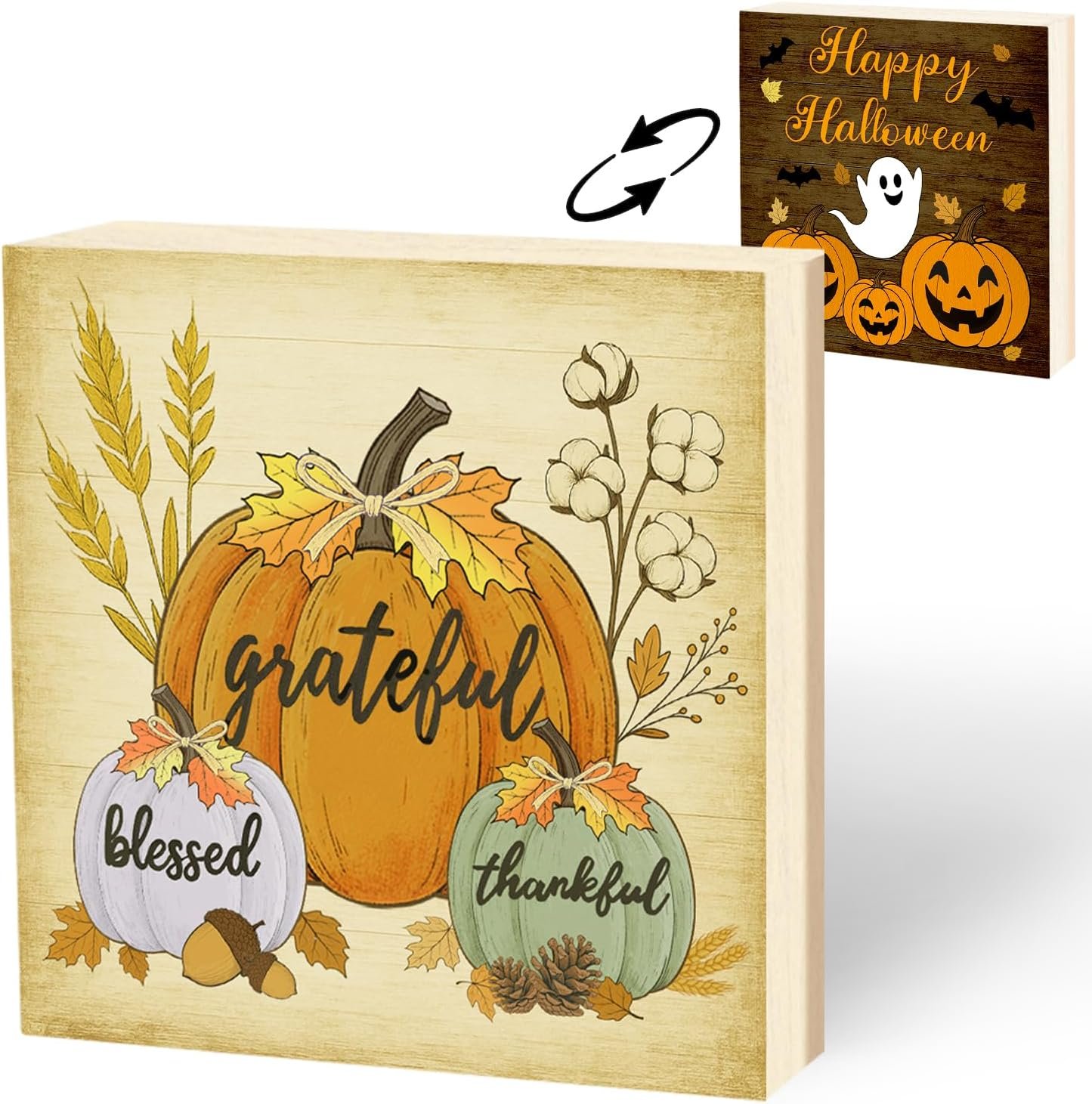 Fall Decorations for Home, Wooden Pumpkin Decorations, Reversible Halloween& Fall Decor, Harvest Table Decor, Rustic Block for Tiered Tray, Shelf, Mantel