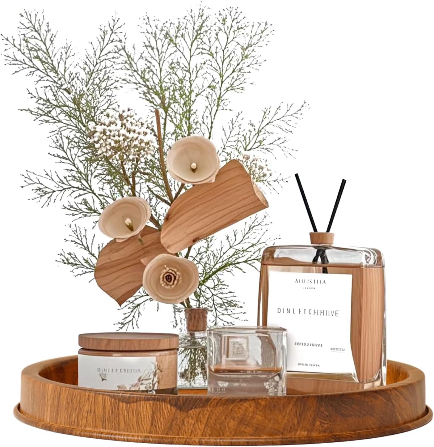 Lobolighting Round Decorative Serving Tray – Modern Farmhouse Style Handcrafted Wood Grain Color Metal Tray, Versatile Centerpiece for Coffee Table, Living Room, Dining or Entryway Home Decor