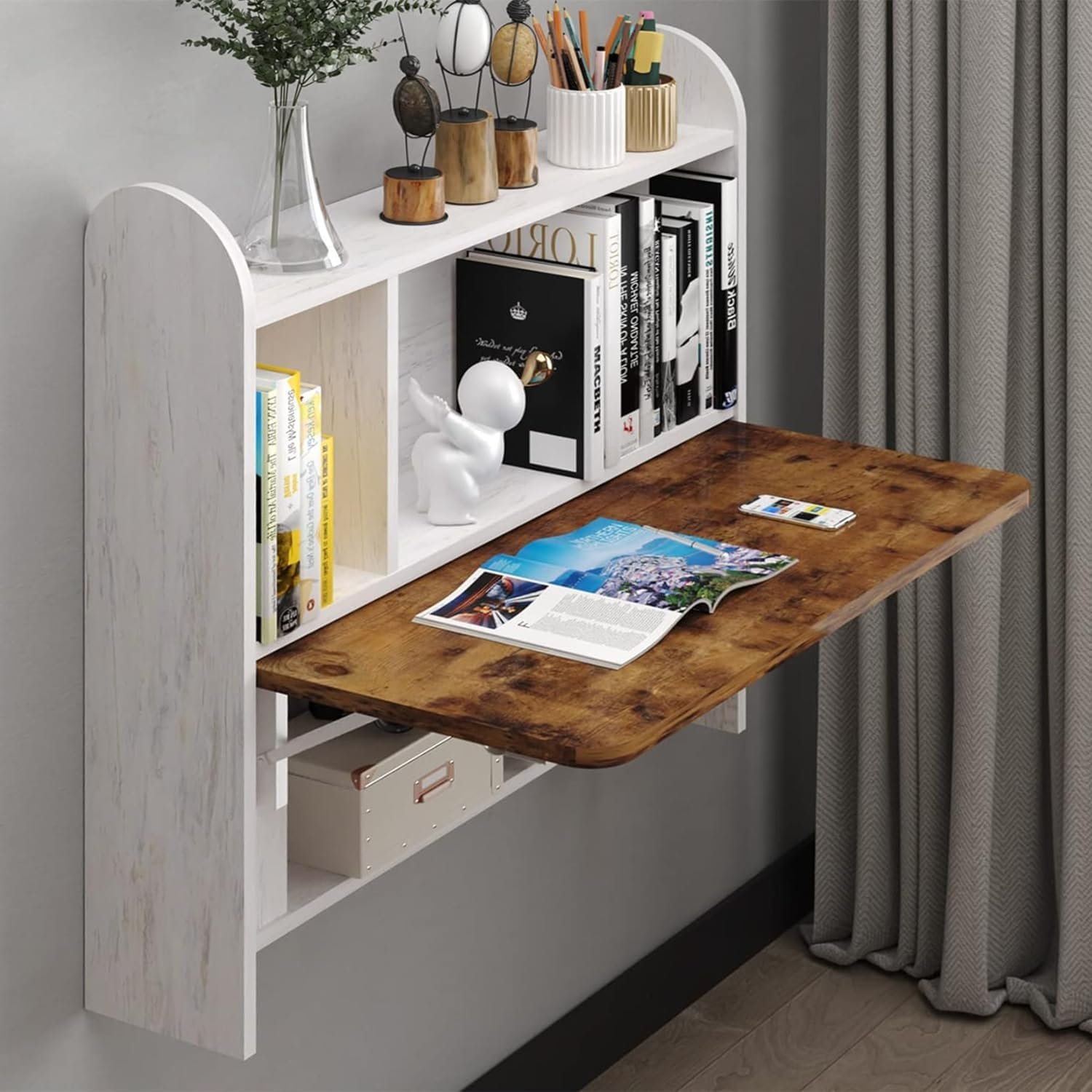 Wall Mounted Drop-Leaf Table, Floating Laptop Desk, Folding Table with Shelves, Multifunctional Computer Workstation with Storage Compartments in Home Office for Space Saving (Grayish White)